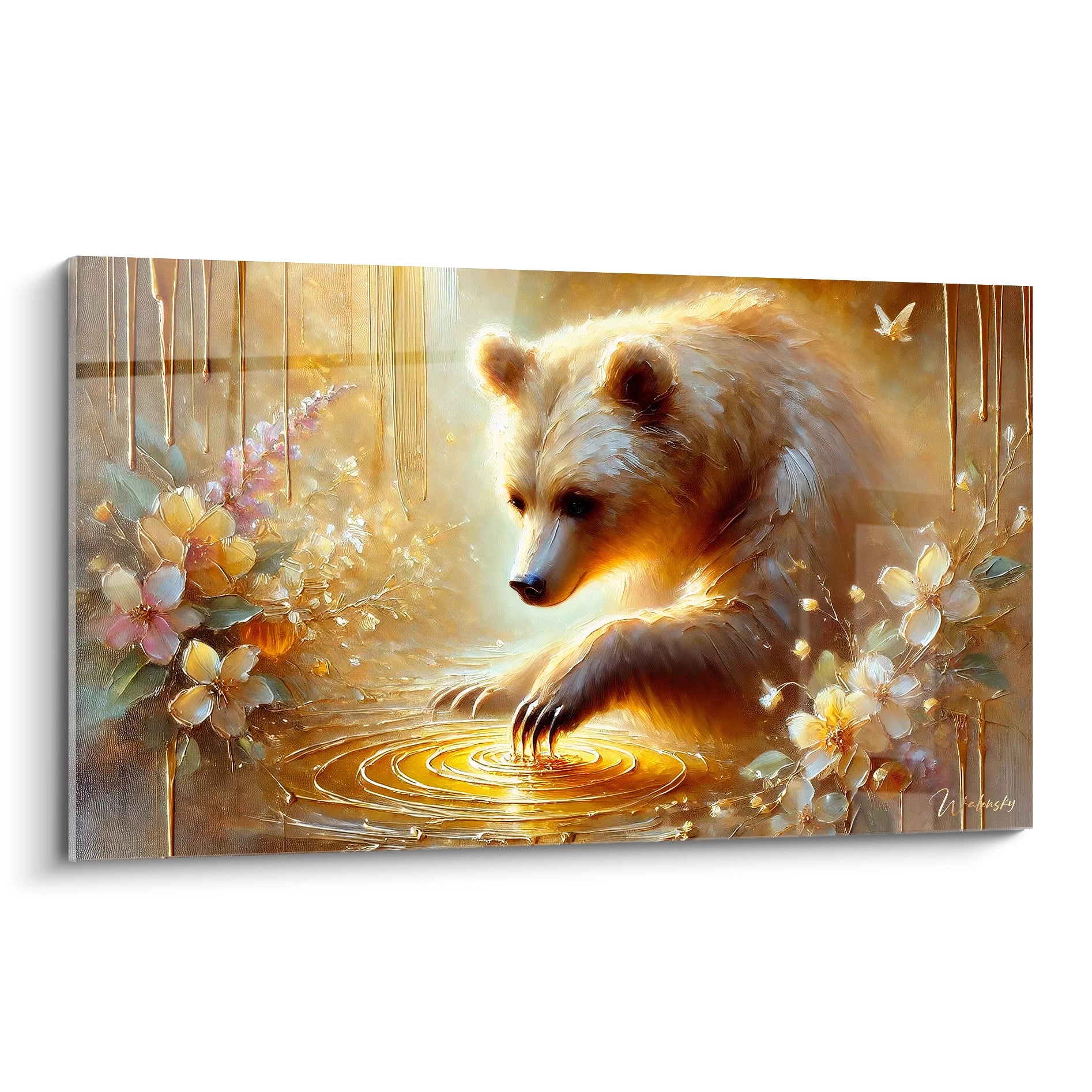Le tableau ours brun vu de biais, capture un moment de contemplation dans un environnement naturel. Les details minutieux et les teintes dorees creent une scene paisible et onirique.
