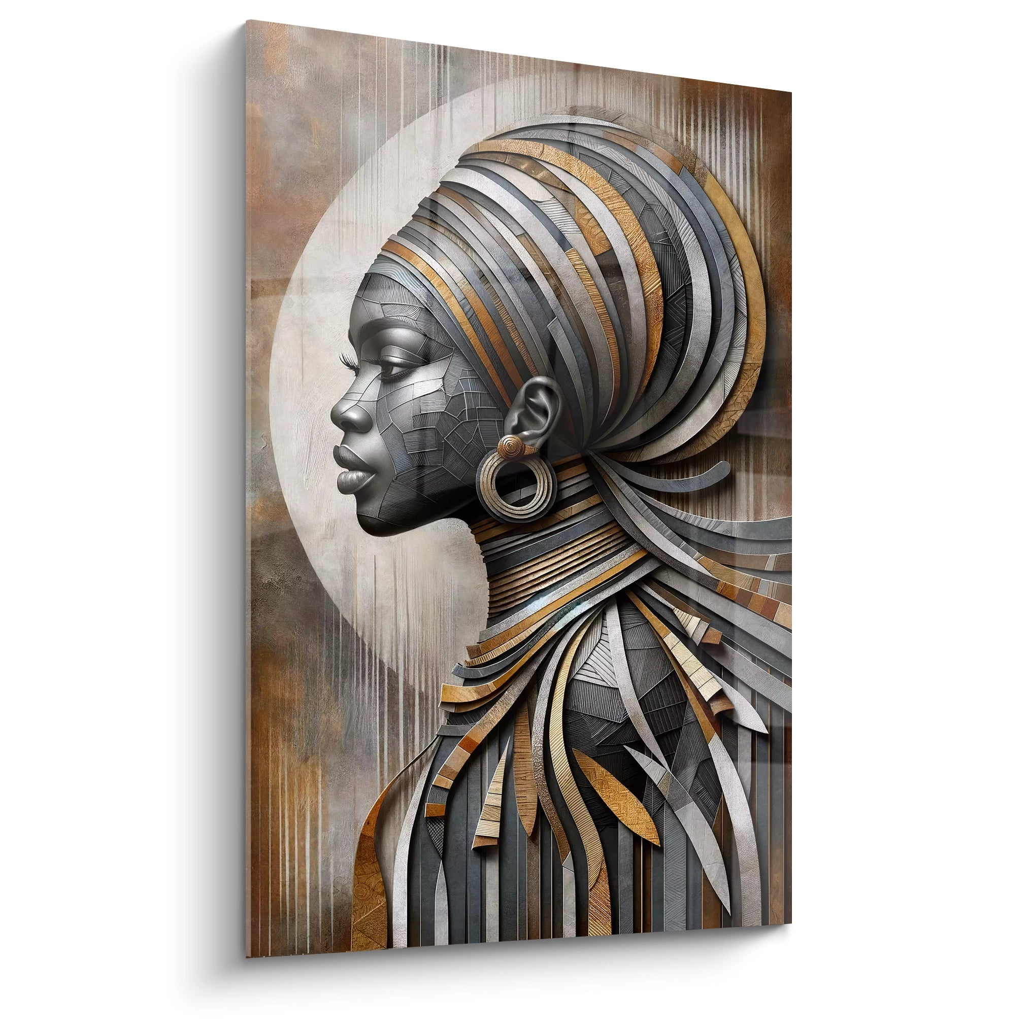 "Tableau en verre acrylique premium de la collection Africa, présenté de profil. Ce magnifique art mural, avec ses motifs africains et ses couleurs vibrantes, est idéal pour ajouter une touche contemporaine et élégante à tout intérieur. Parfait pour la décoration murale de salons modernes, chambres stylées et espaces de bureaux chics."