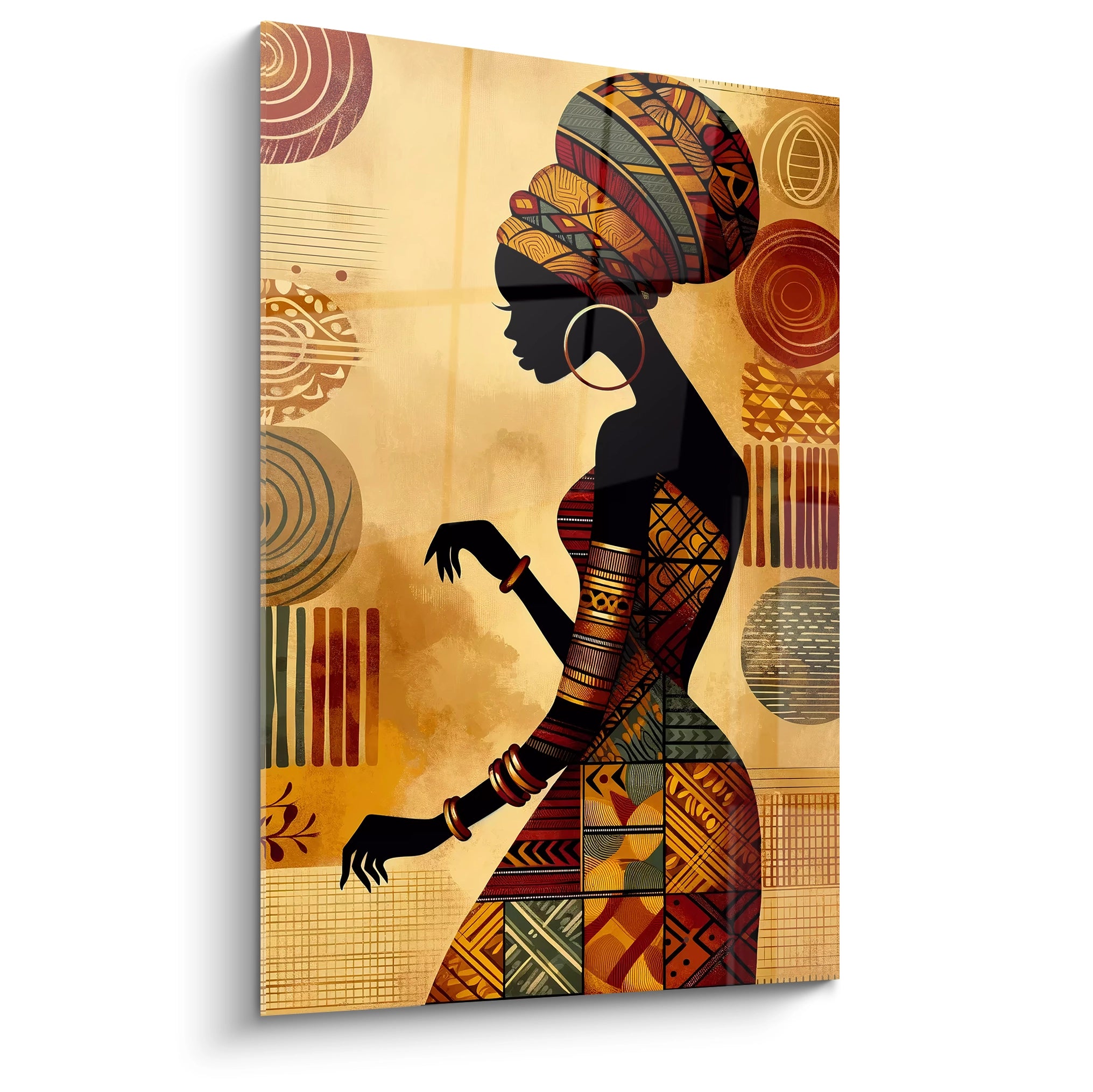 "Tableau en verre acrylique premium de la collection Africa, présenté de profil. Ce magnifique art mural, avec ses motifs africains et ses couleurs vibrantes, est idéal pour ajouter une touche contemporaine et élégante à tout intérieur. Parfait pour la décoration murale de salons modernes, chambres stylées et espaces de bureaux chics."