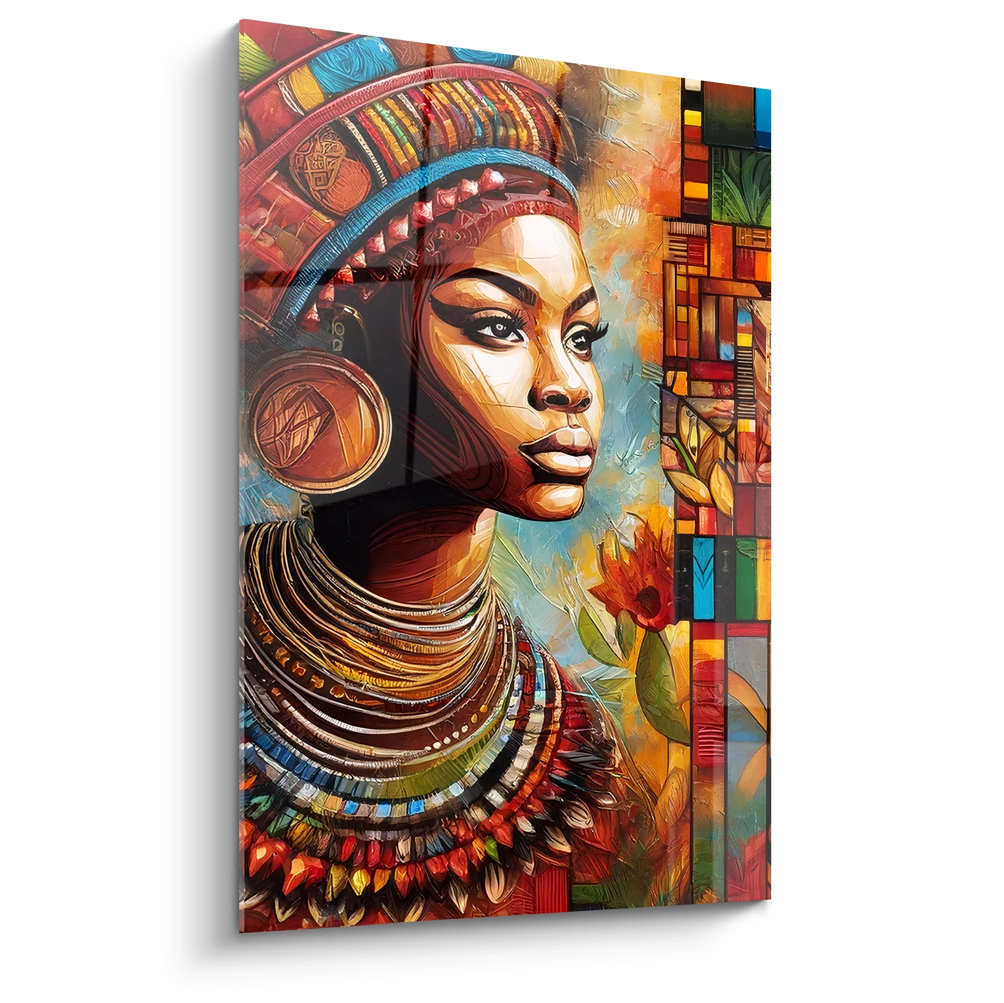 "Tableau en verre acrylique premium de la collection Africa, présenté de profil. Ce magnifique art mural, avec ses motifs africains et ses couleurs vibrantes, est idéal pour ajouter une touche contemporaine et élégante à tout intérieur. Parfait pour la décoration murale de salons modernes, chambres stylées et espaces de bureaux chics."