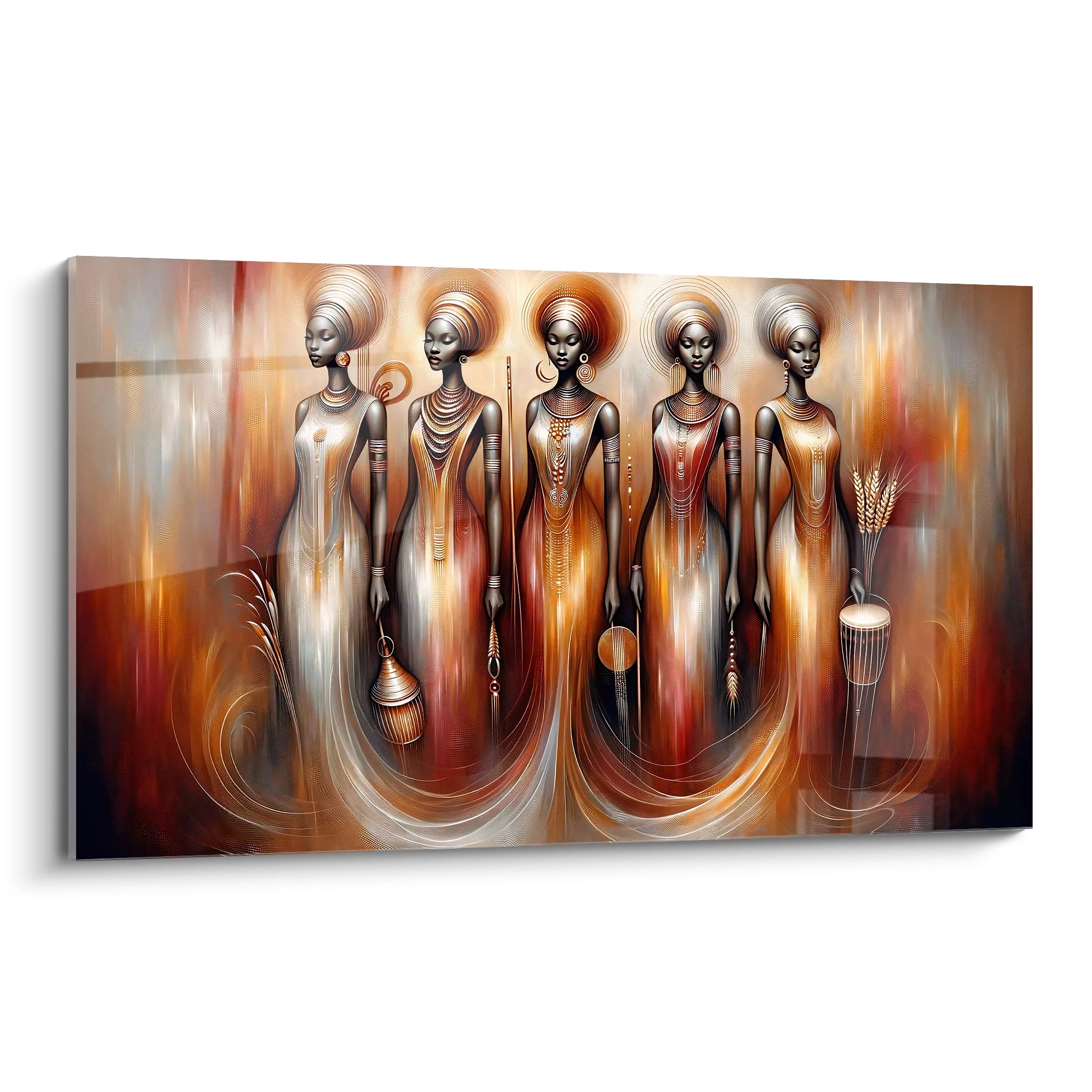 "Tableau en verre acrylique premium de la collection Africa, présenté de profil. Ce magnifique art mural, avec ses motifs africains et ses couleurs vibrantes, est idéal pour ajouter une touche contemporaine et élégante à tout intérieur. Parfait pour la décoration murale de salons modernes, chambres stylées et espaces de bureaux chics."