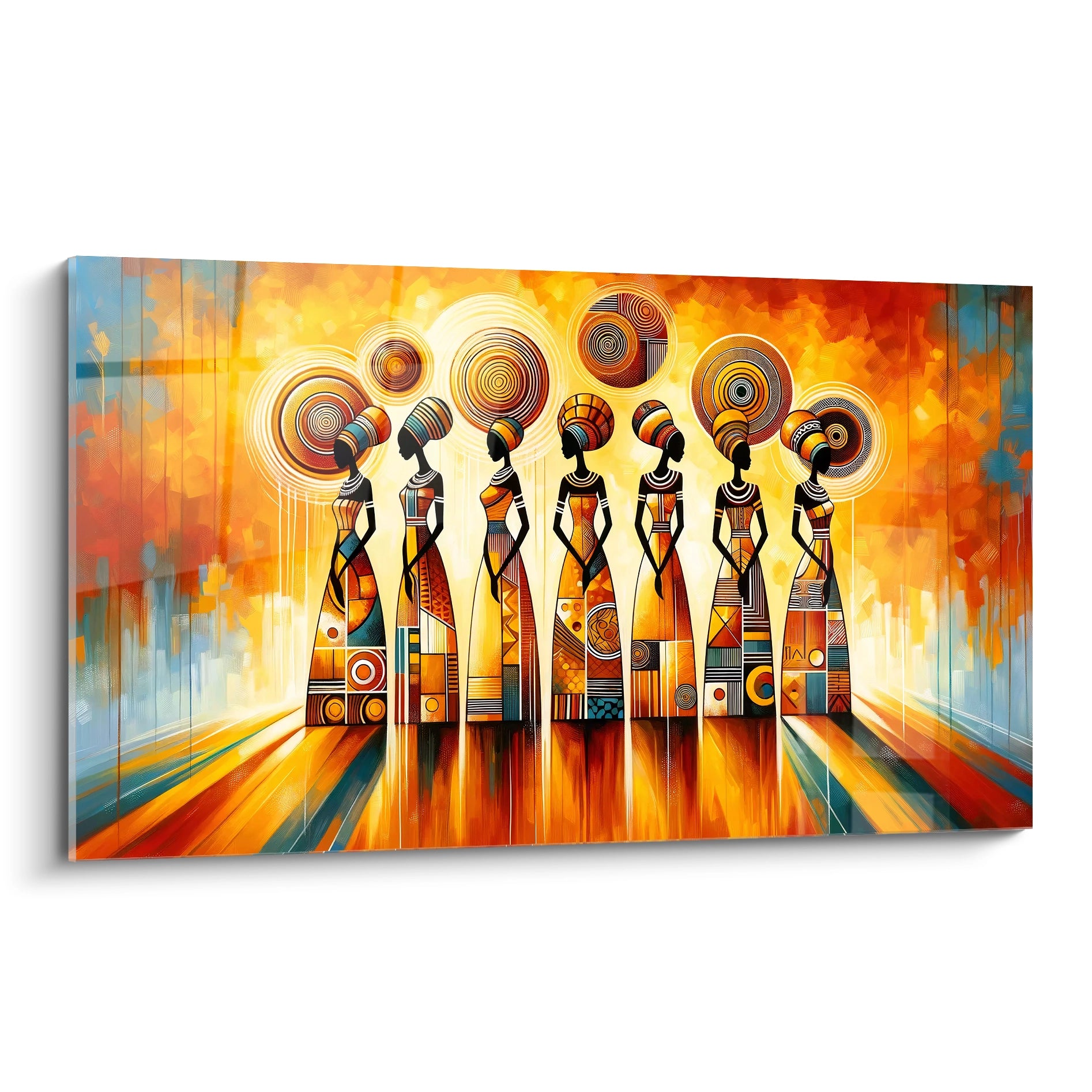 "Tableau en verre acrylique premium de la collection Africa, présenté de profil. Ce magnifique art mural, avec ses motifs africains et ses couleurs vibrantes, est idéal pour ajouter une touche contemporaine et élégante à tout intérieur. Parfait pour la décoration murale de salons modernes, chambres stylées et espaces de bureaux chics."