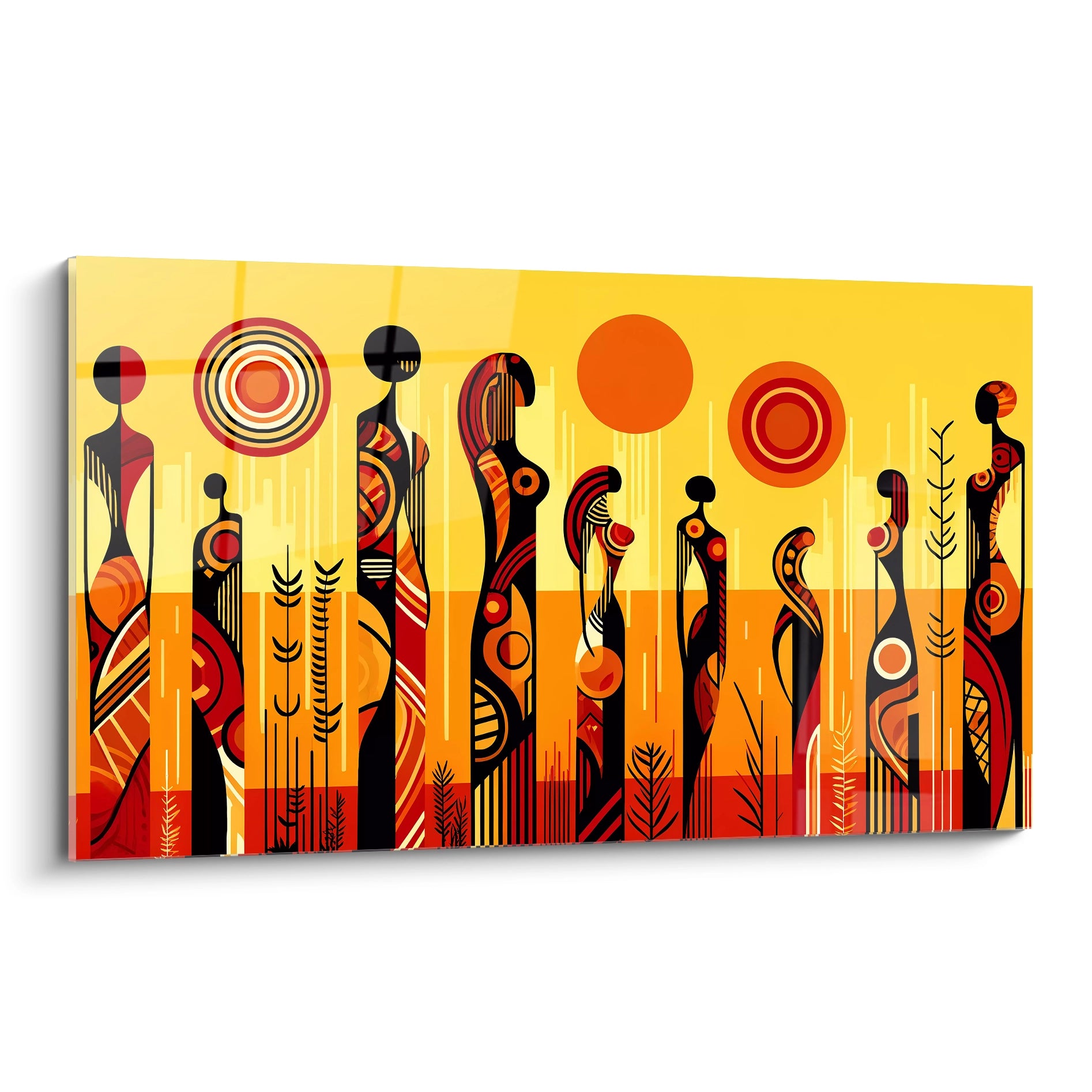 "Tableau en verre acrylique premium de la collection Africa, présenté de profil. Ce magnifique art mural, avec ses motifs africains et ses couleurs vibrantes, est idéal pour ajouter une touche contemporaine et élégante à tout intérieur. Parfait pour la décoration murale de salons modernes, chambres stylées et espaces de bureaux chics."