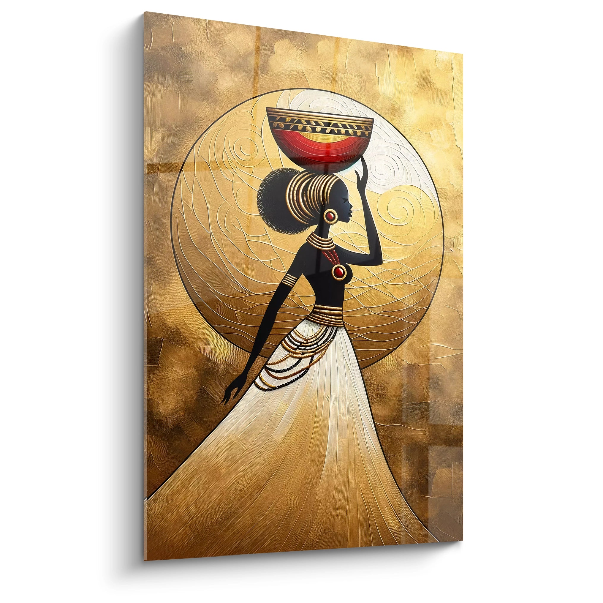 "Tableau en verre acrylique premium de la collection Africa, présenté de profil. Ce magnifique art mural, avec ses motifs africains et ses couleurs vibrantes, est idéal pour ajouter une touche contemporaine et élégante à tout intérieur. Parfait pour la décoration murale de salons modernes, chambres stylées et espaces de bureaux chics."