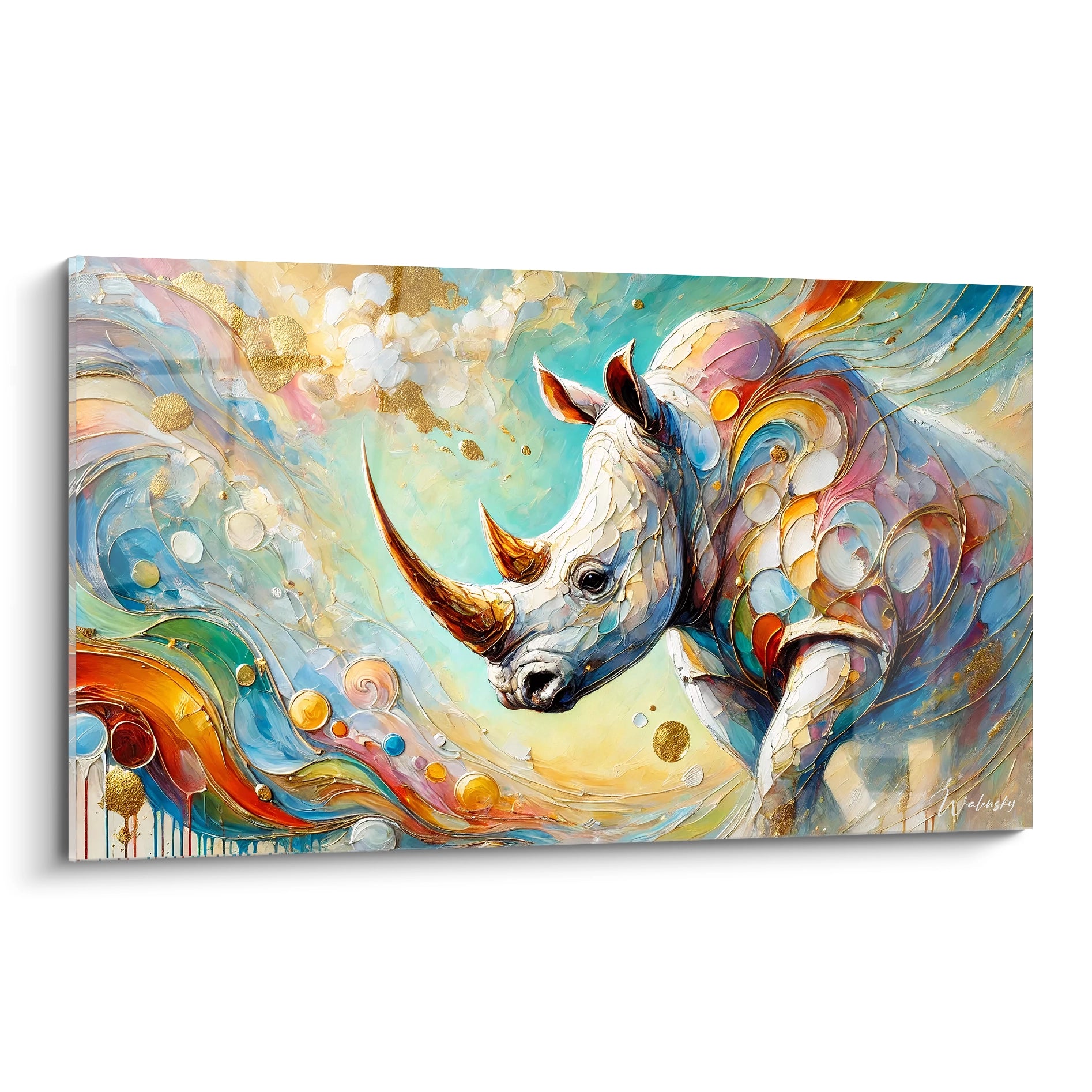 Découvrez ce tableau rhinoceros vibrante et dynamique, avec des motifs circulaires qui accentuent sa puissance. Idéal pour ajouter du caractère à n'importe quel espace.

