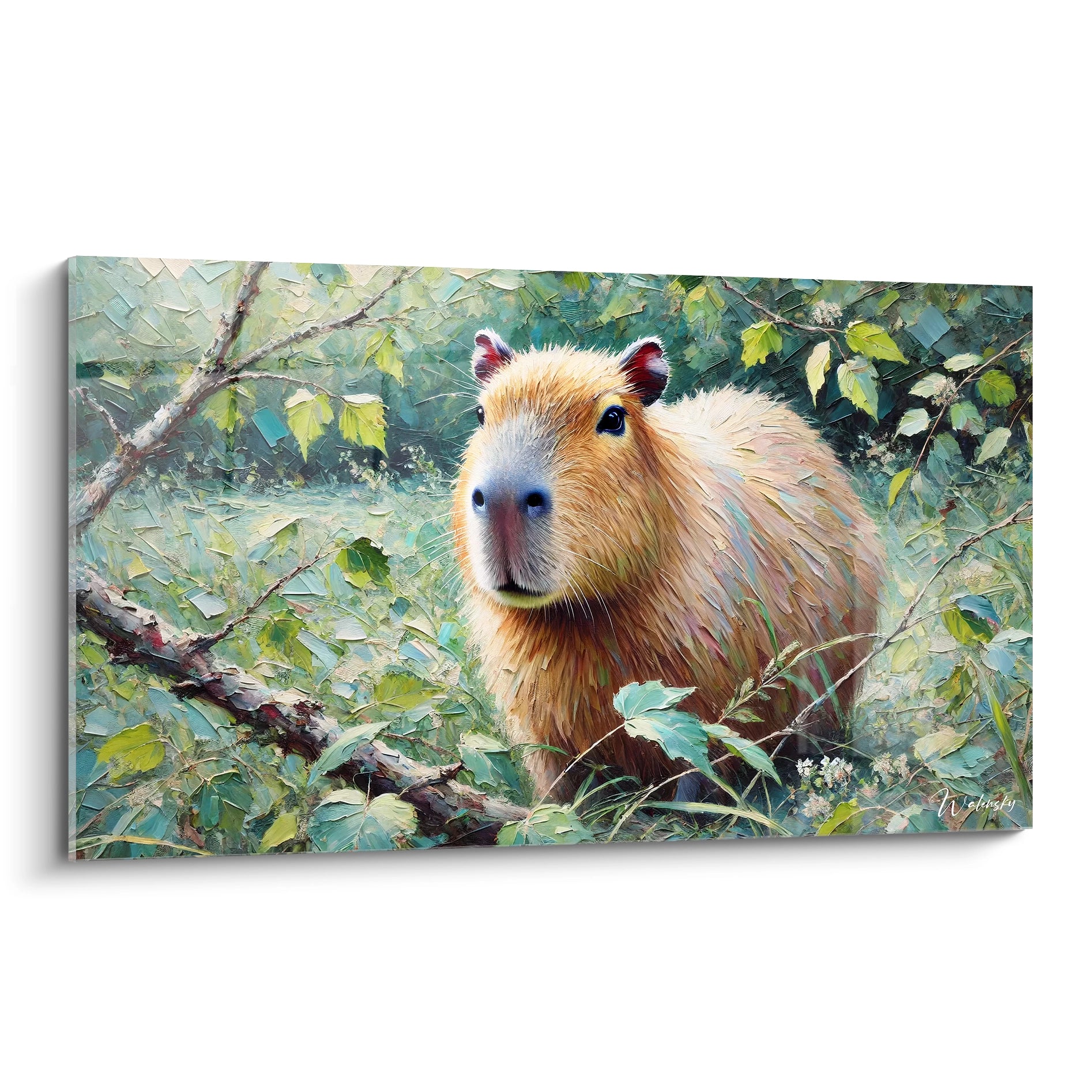 tableau capybara vue de biais, reflet d une rencontre unique avec la nature. Les couleurs vibrantes capturent l essence paisible de l animal, ideal pour un interieur invitant a la contemplation.

