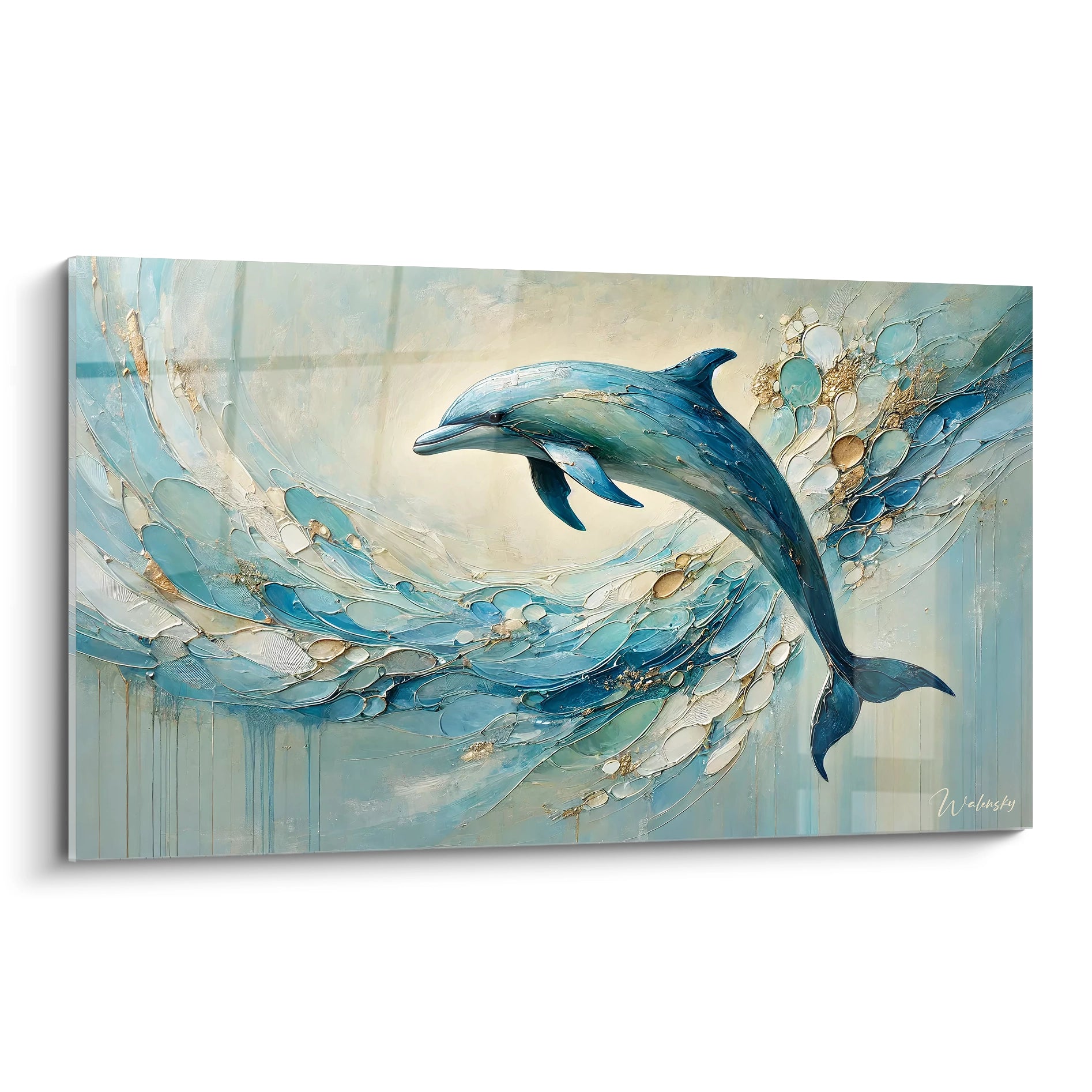 tableau dauphin vue de biais capture la fluidite du mouvement marin. Le dauphin emerge d'une vague stylisee, melange subtil de realisme et abstraction, ideal pour apporter une touche poetique a votre interieur.

