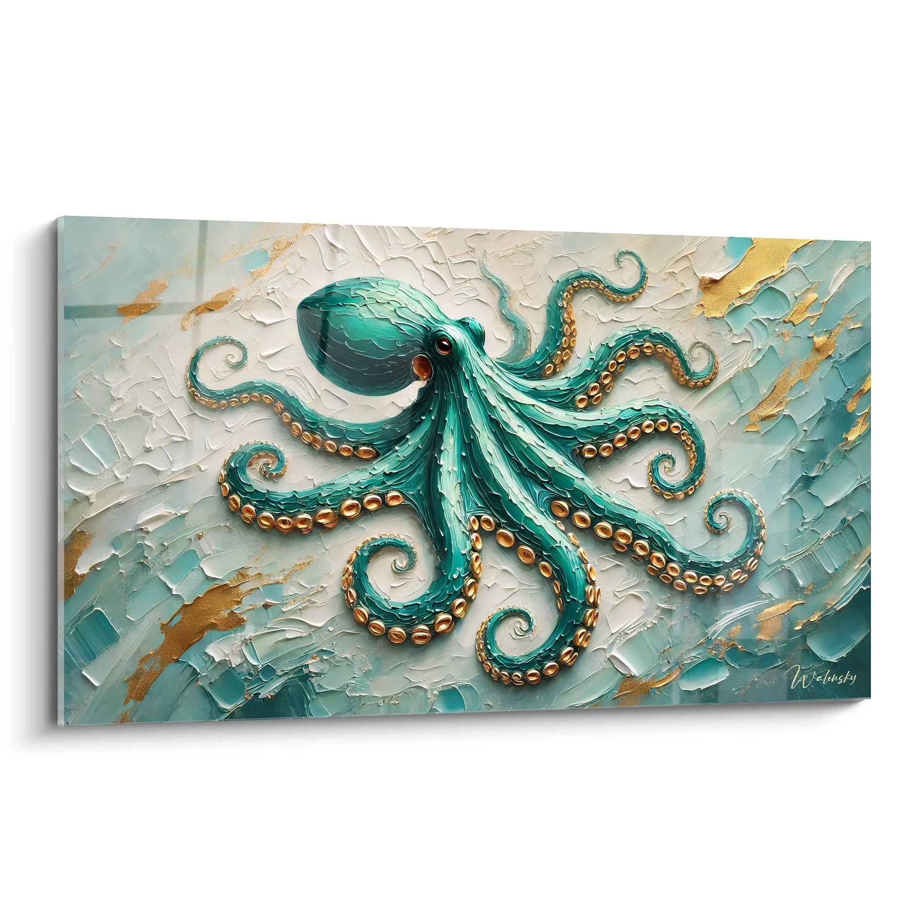 tableau poulpe vue de biais offrant des details saisissants sur les tentacules dorees et des teintes vert aquatique. Parfait pour une deco moderne avec une touche marine elegante

