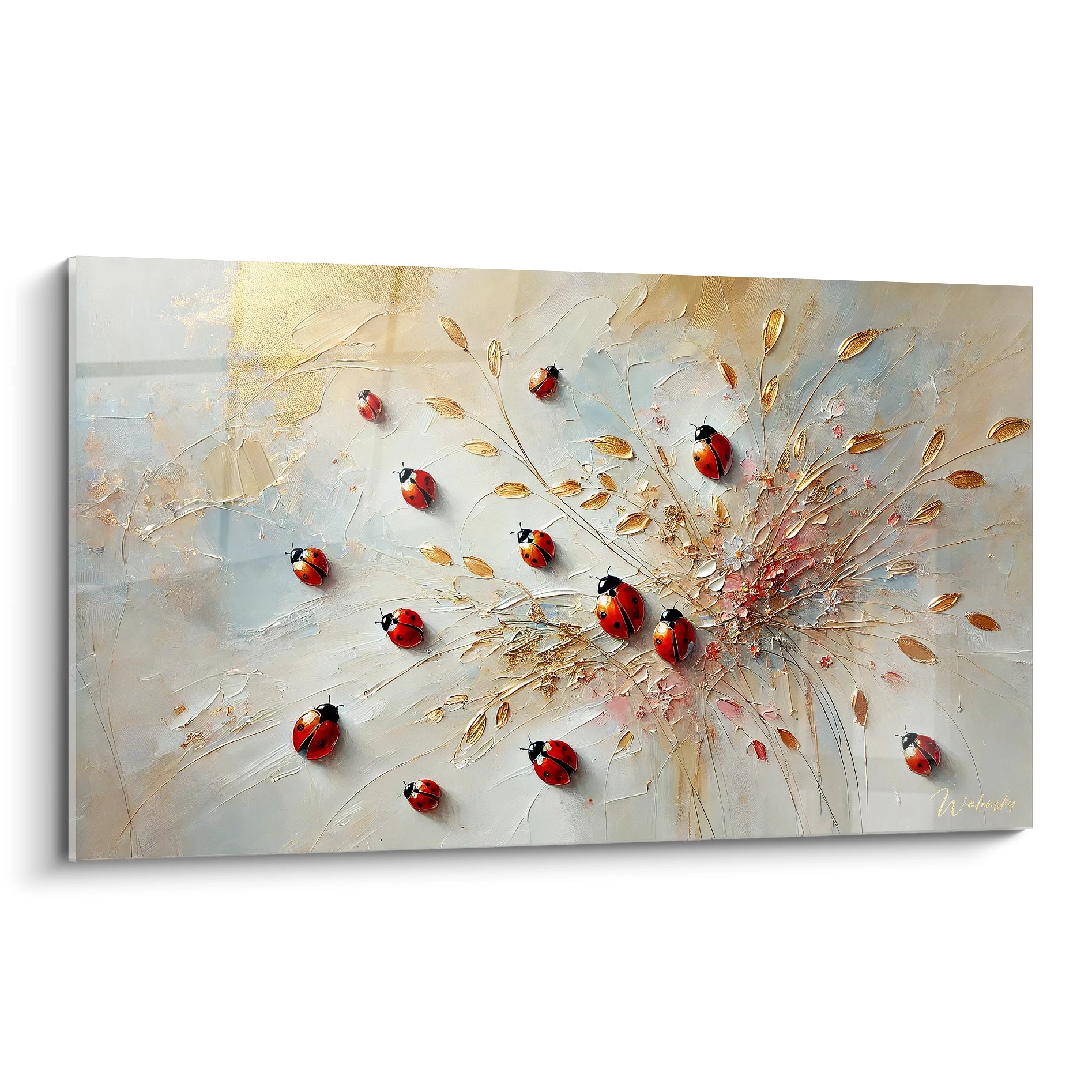 tableau coccinelle vibrant avec des textures florales et des touches dorees pour ajouter une touche de nature dans votre interieur. L equilibre parfait entre elegance et energie.

