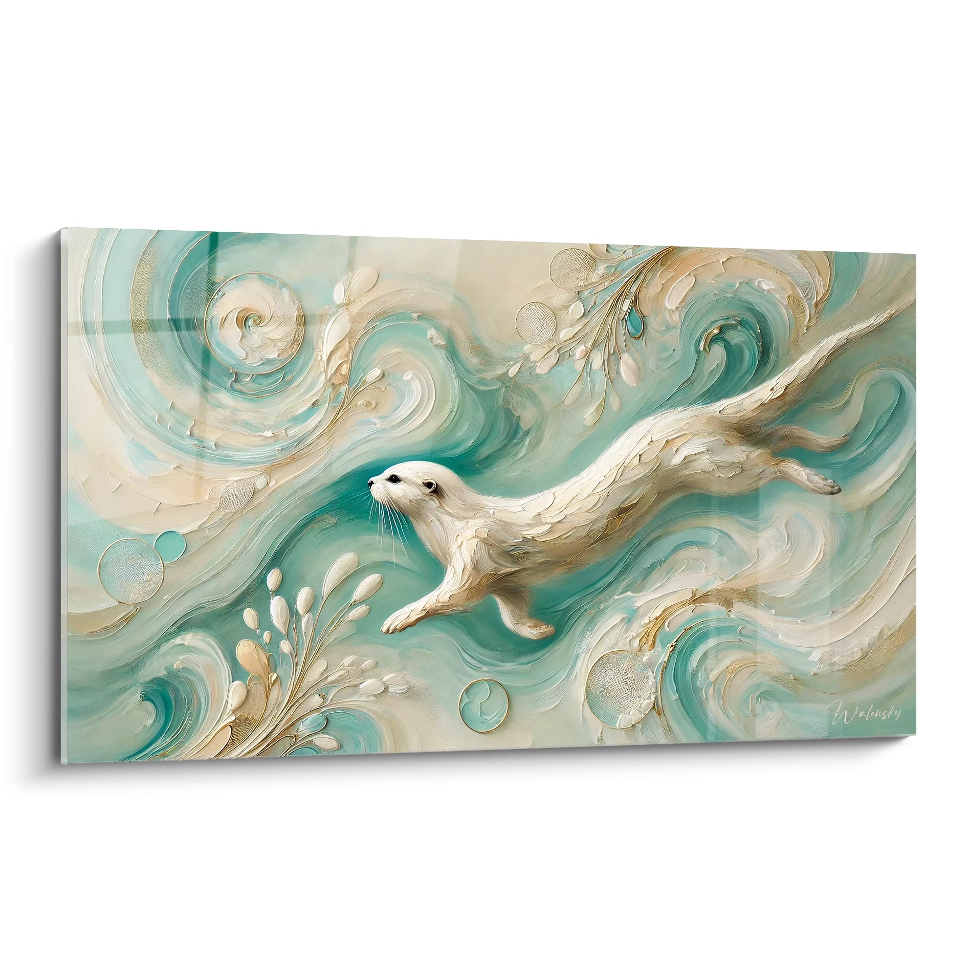 tableau loutre vue de biais, capture la danse gracieuse de l'animal au sein des vagues abstraites. Les tons beige, bleu et or apportent une ambiance paisible et harmonieuse. Ideal pour votre deco murale.

