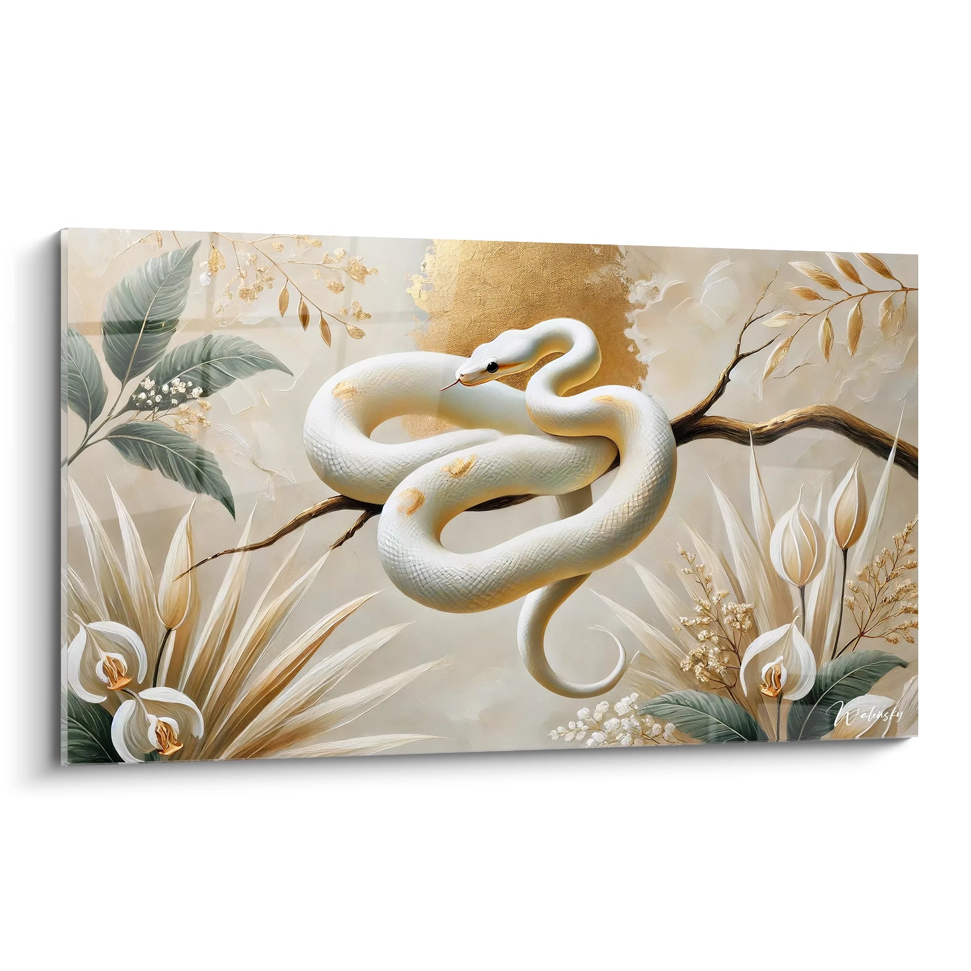 tableau serpent blanc enroule sur une branche aux nuances dorees, capture ici sous un angle raffine. Ideal pour un interieur moderne, ce tableau offre elegance et serenite a votre decor.

