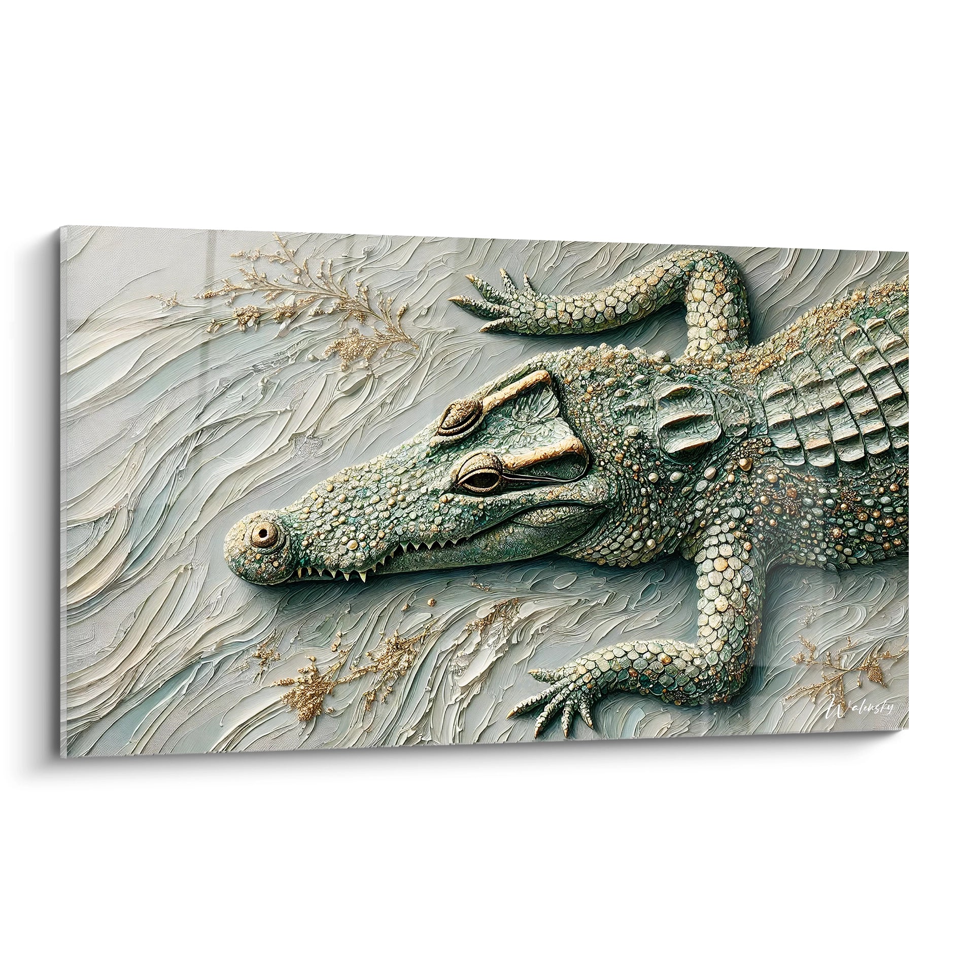 Admirez ce tableau crocodile sous un angle unique ou chaque detail est magnifie. La texture subtile et les ecailles en relief creent une presence captivante dans n'importe quel espace.

