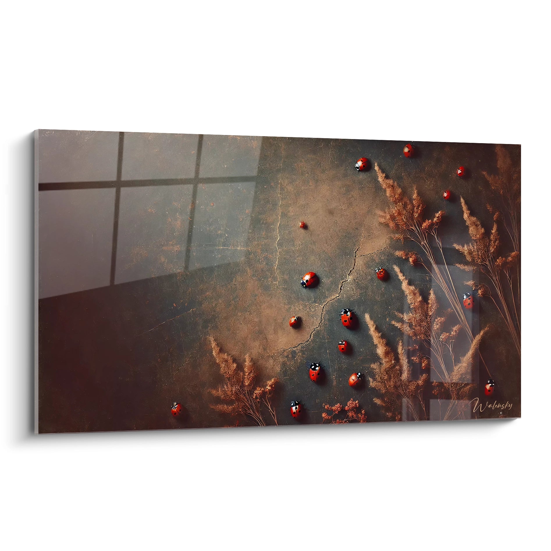 tableau coccinelle representant des coccinelles rouges sur une surface texturée et craquelée evoquant un sol sec apporte une ambiance rustique et douce avec une touche de nostalgie

