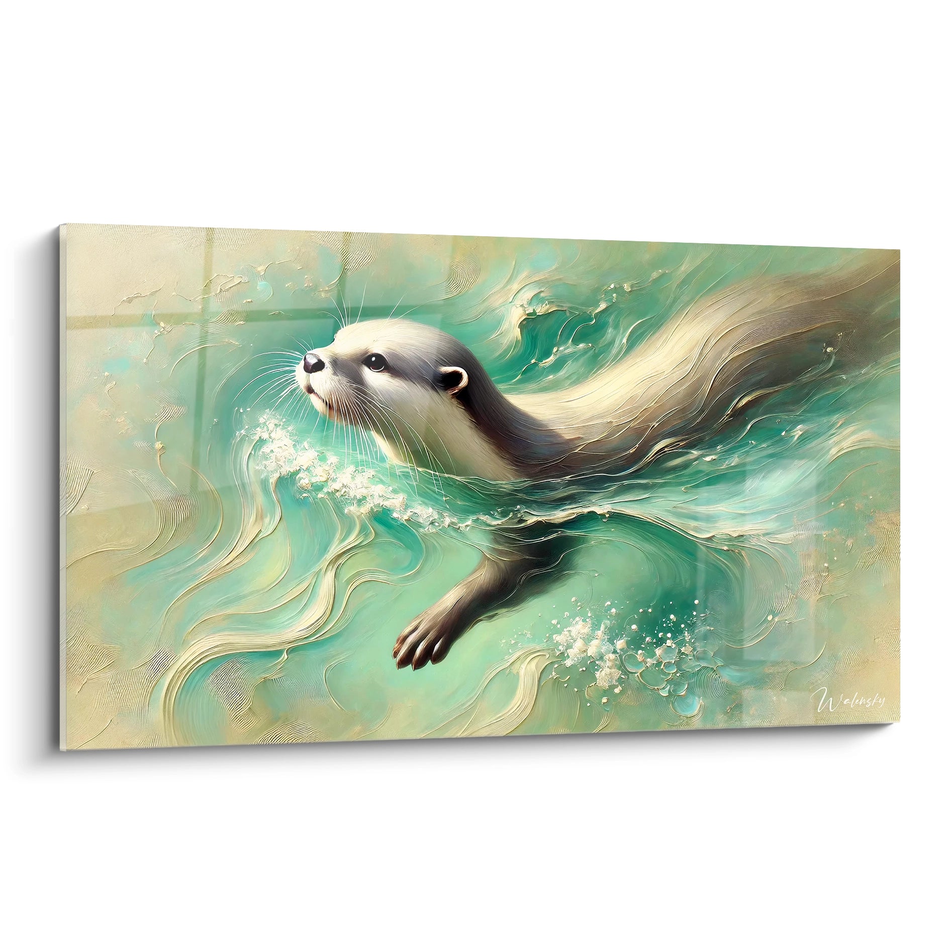 tableau loutre vu de biais, alliant abstraction et réalisme. Loutre fluide et gracieuse en parfaite harmonie avec les vagues apaisantes. Un contraste captivant qui capte l'energie aquatique.

