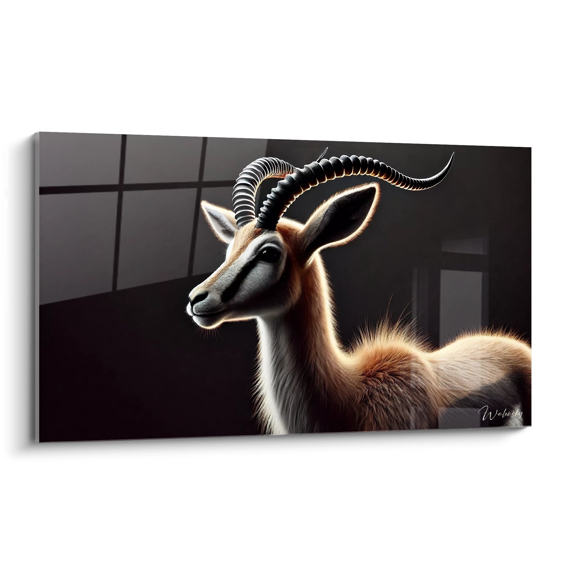 tableau gazelle vue de biais met en valeur la grace naturelle de cet animal majestueux. Le contraste entre son pelage et le fond sombre capte le regard et sublime sa beauté

