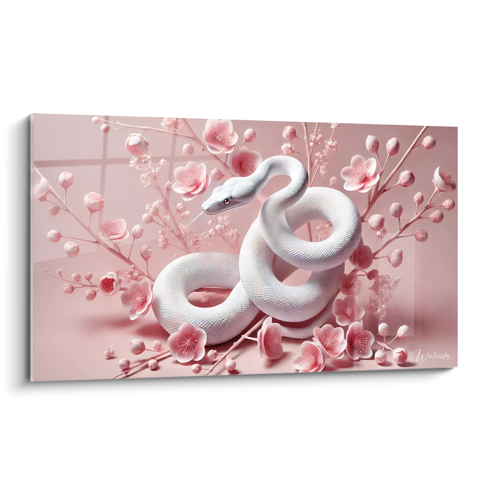 tableau serpent elegant avec un serpent blanc entoure de fleurs roses sur un fond doux. Le contraste subtil cree une atmosphere apaisante parfaite pour une decoration moderne et poetique.

