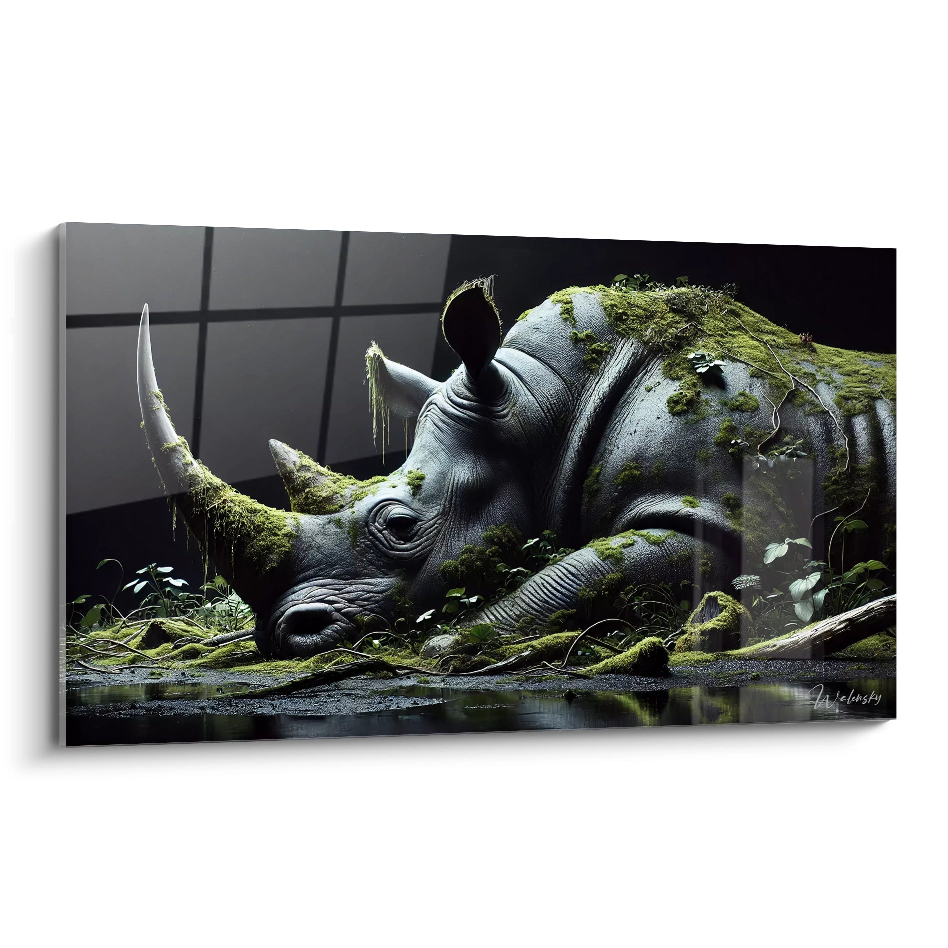 tableau rhinoceros capturez la force tranquille de la nature dans cette œuvre unique. Les détails minutieux et les tons sombres créent une fusion mystique entre la faune et la flore. Ajoutez du caractère à votre espace.

