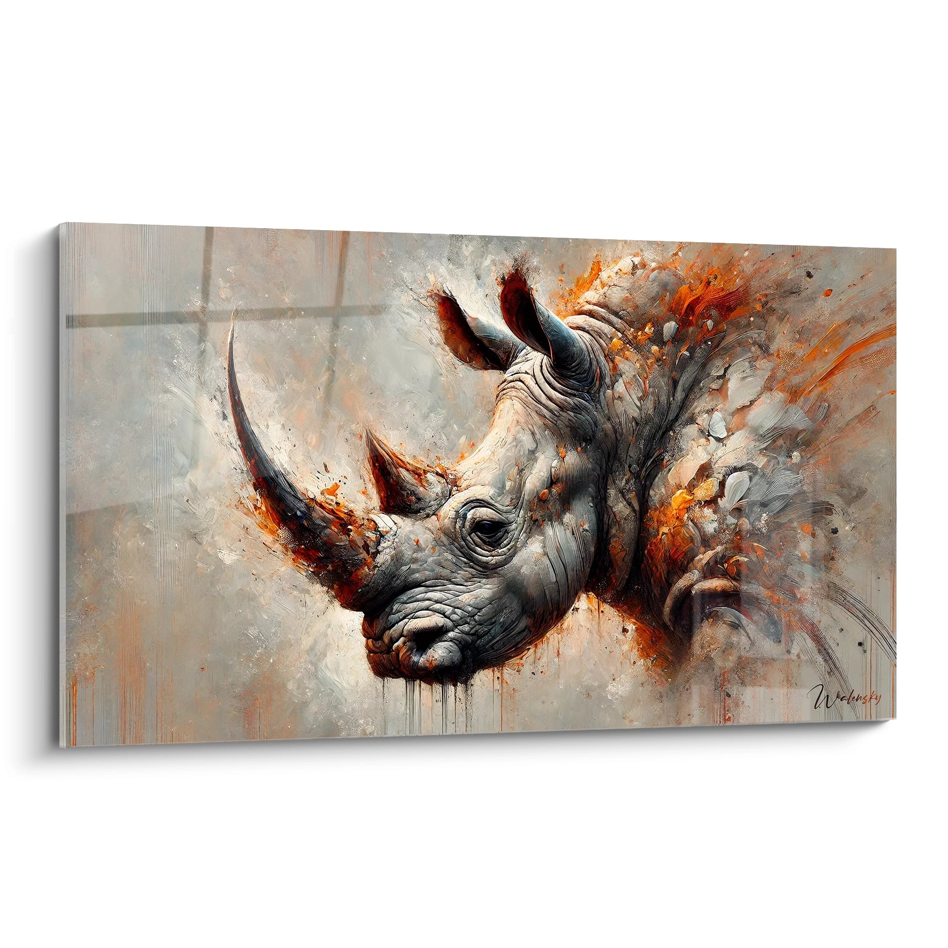 Découvrez le tableau rhinocéros sous un angle unique, illustrant la puissance et la beauté de cet animal majestueux, avec des teintes de gris, orange et noir qui captivent l'œil.

