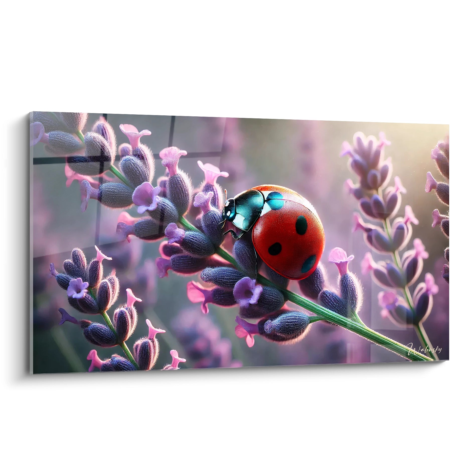 tableau coccinelle vu de biais ce tableau capture la symbiose entre une coccinelle et une lavande en fleurs le contraste entre les teintes douces et la carapace brillante rend l oeuvre captivante

