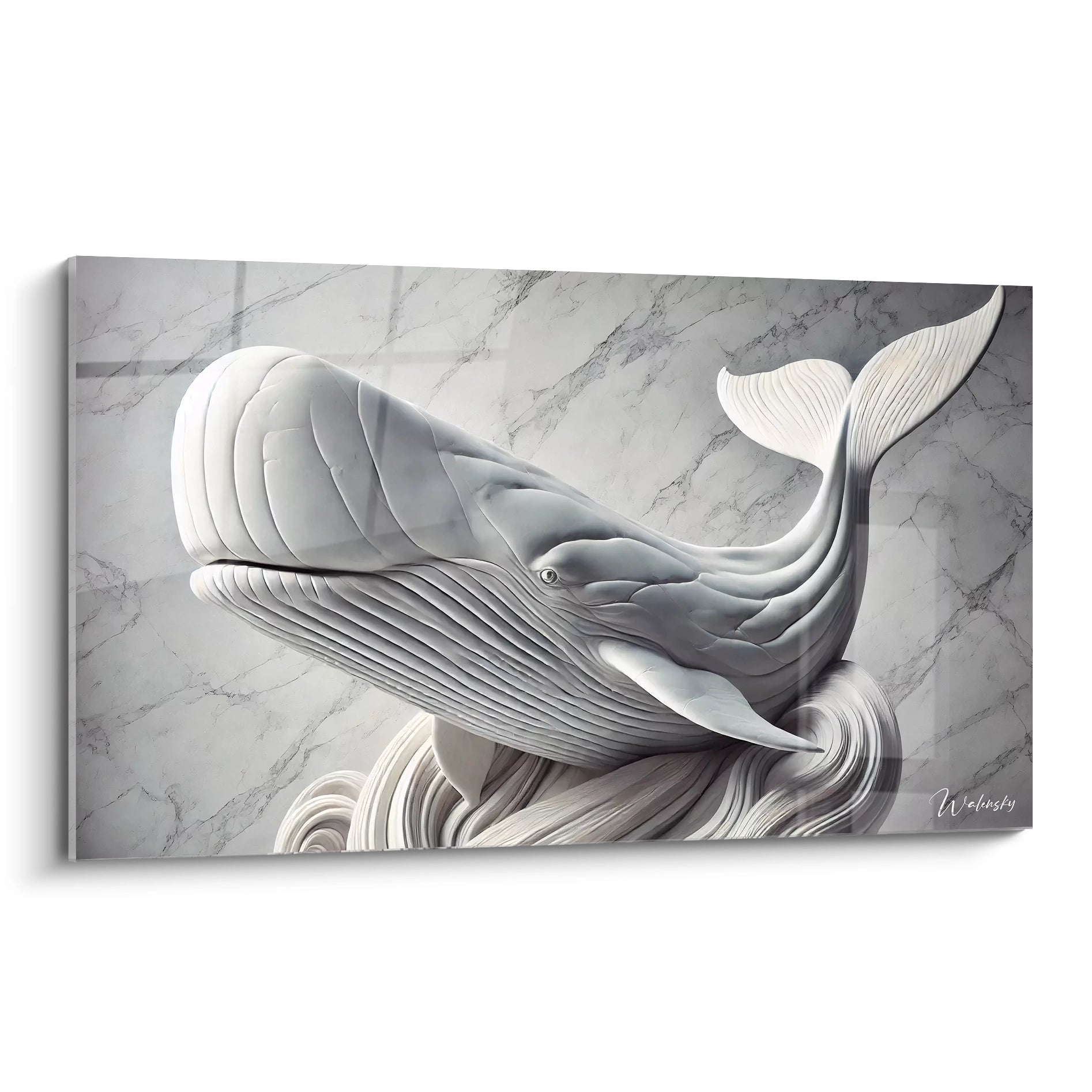 tableau cachalot vue de biais, il presente des lignes fluides et une texture marbree realiste. Ideal pour une ambiance elegante, il combine la force de la nature avec un style artistique sculptural.

