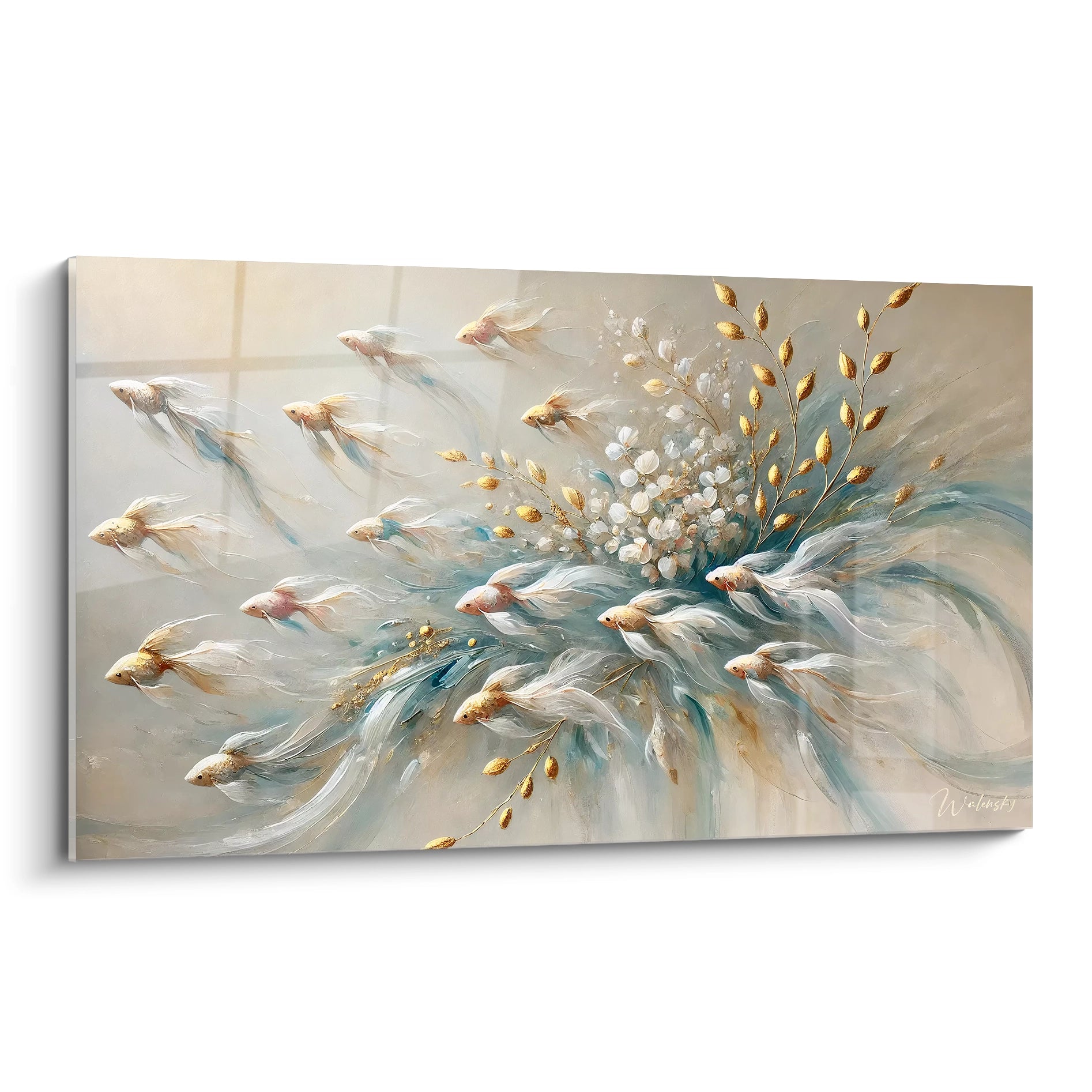 tableau poisson ideal pour une ambiance poetique grace a ses teintes douces et ses poissons aux formes elegantes. Laissez-vous emporter par la serenite des profondeurs aquatiques.

