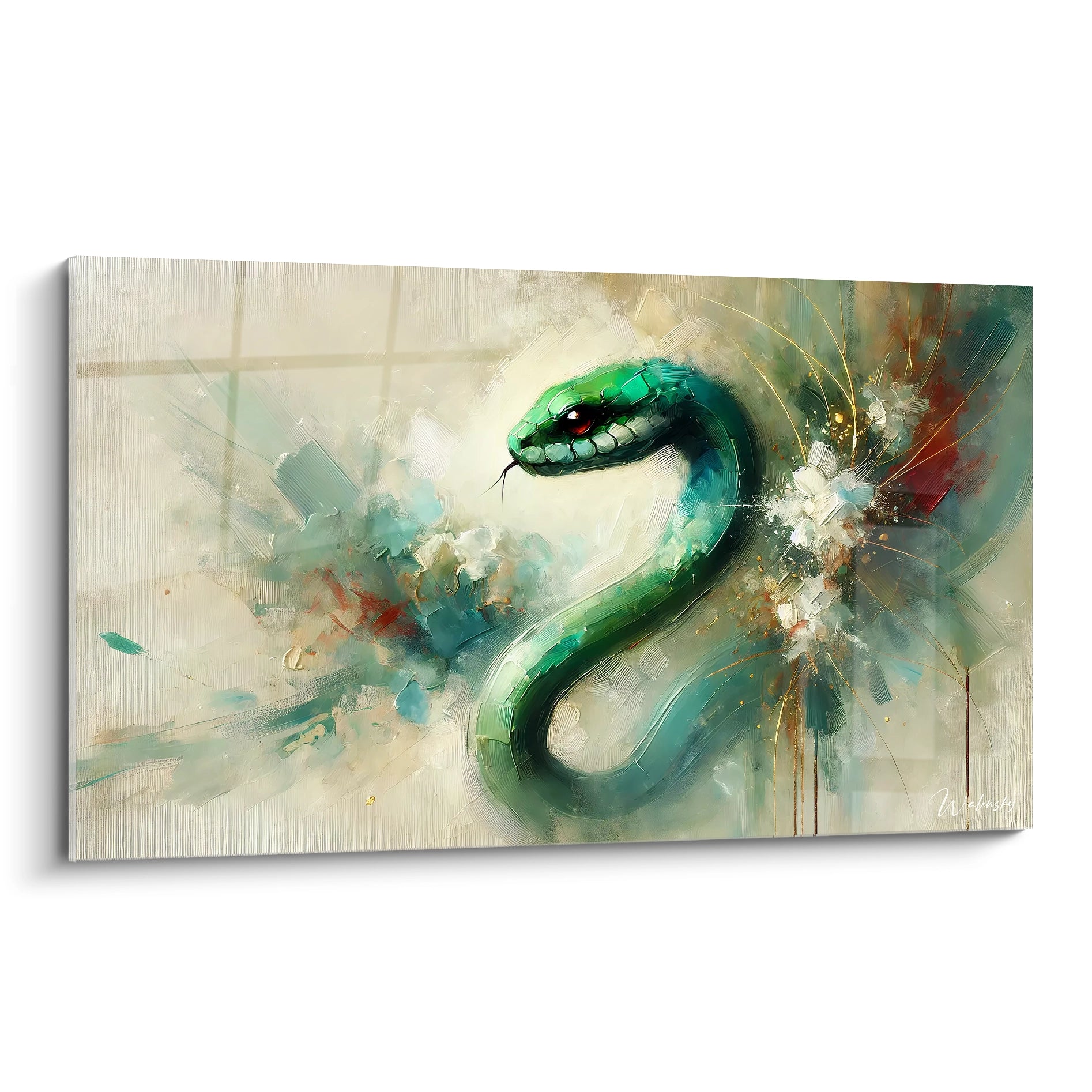 tableau serpent vu de biais avec un fond abstrait vibrant . Son corps vert émeraude et son regard perçant captivent instantanément . Une œuvre intrigante et pleine de mystère pour tout intérieur moderne

