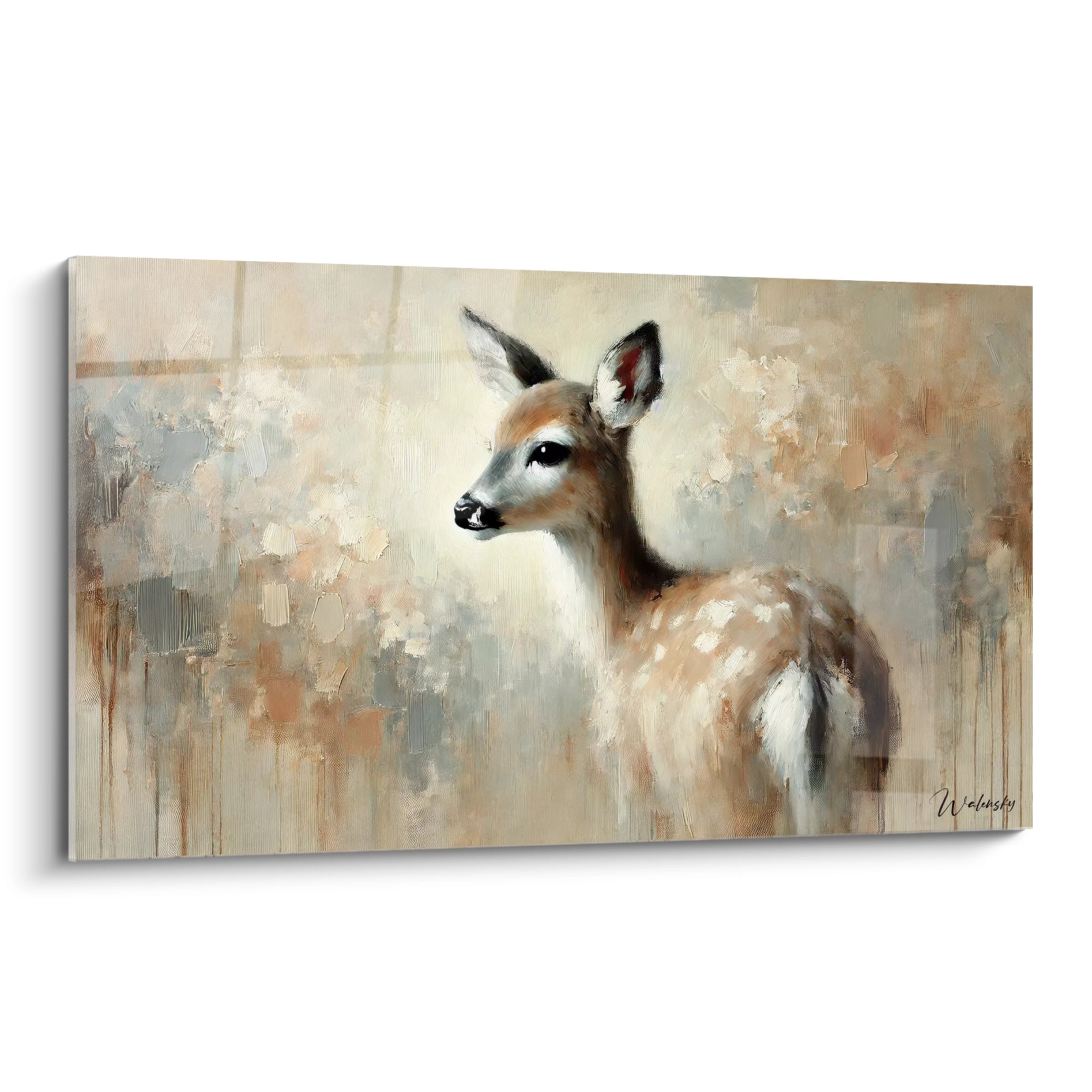 Découvrez ce tableau biche en vue de biais, révélant l'innocence et la douceur de cet animal dans un cadre abstrait apaisant, où couleurs douces et textures floues s'entrelacent harmonieusement.