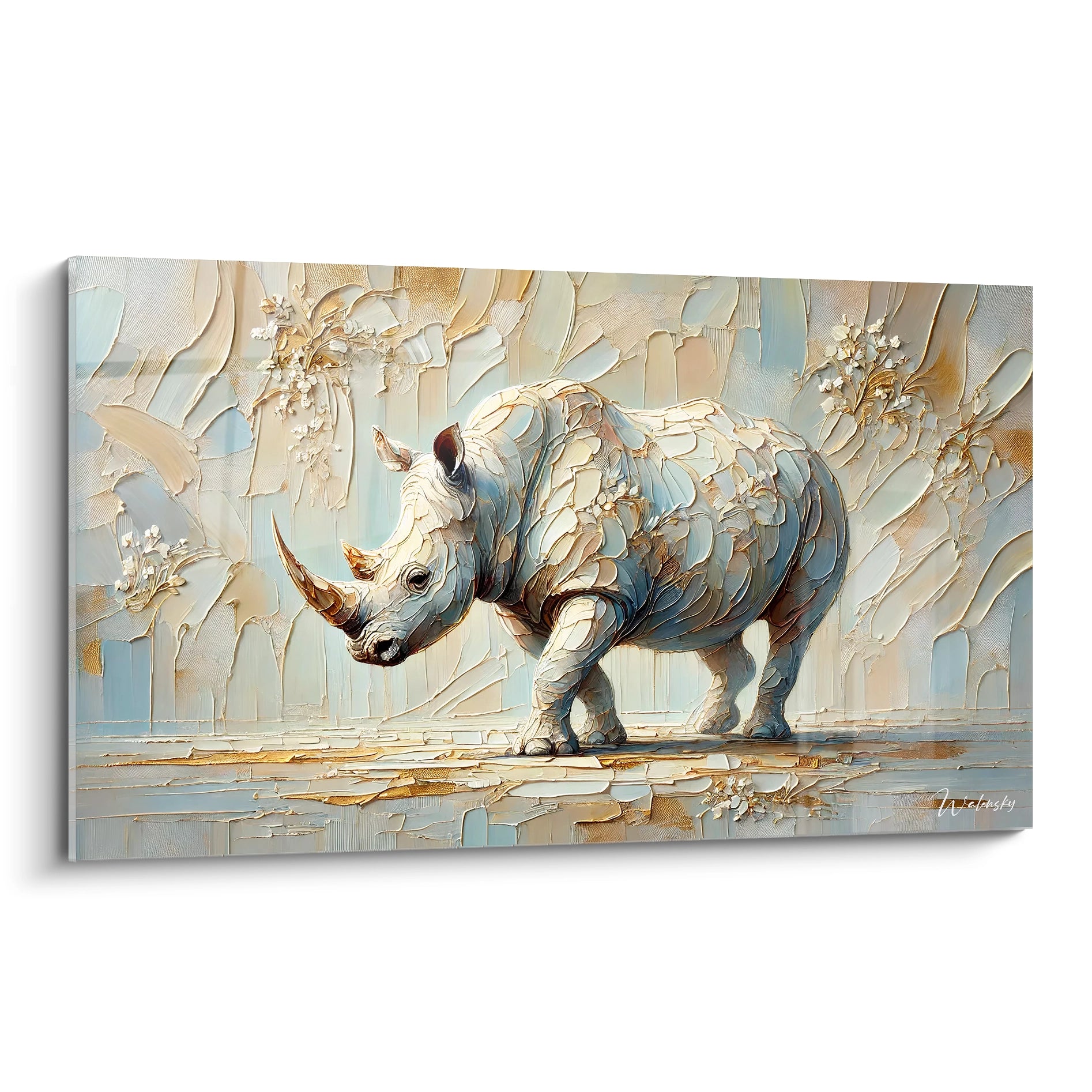 Découvrez le tableau rhinoceros présenté de biais. Cette œuvre moderne allie abstraction et réalisme, mettant en avant la force majestueuse de cet animal unique.

