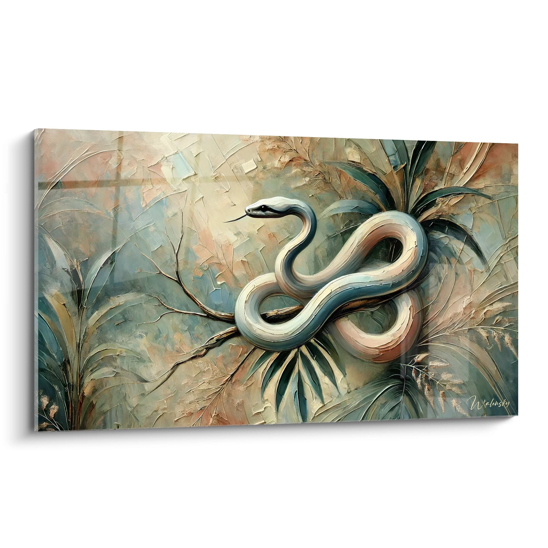 tableau serpent vu de biais offrant un superbe jeu de courbes elegantes et de couleurs beiges et bleues parfait pour sublimer une ambiance nature et apaisante dans un interieur moderne

