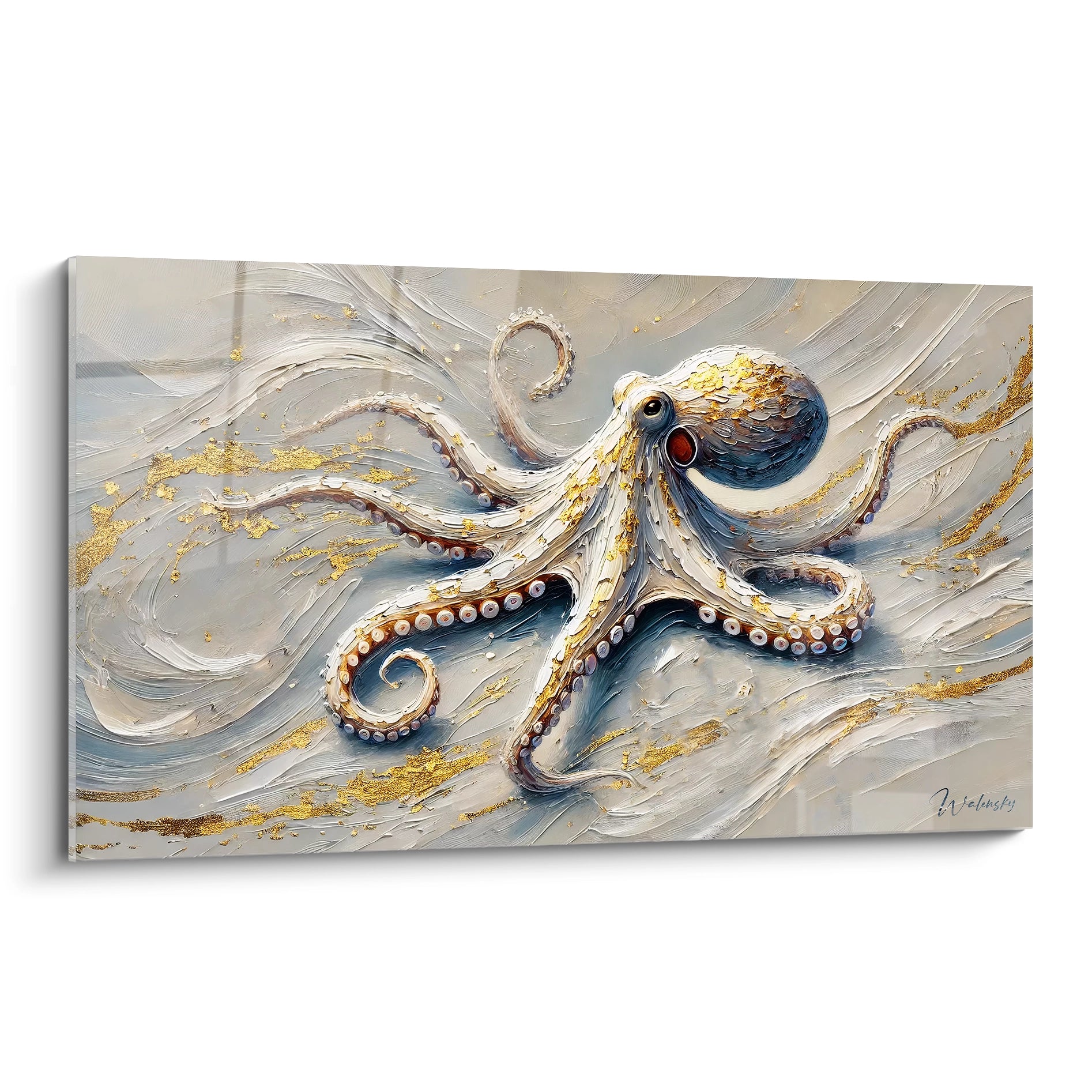 Ce tableau poulpe texturé et raffiné apporte une touche marine majestueuse a votre deco. Les tentacules et les accents d or captivent immediatement avec leur fluidité naturelle. Ideal pour un espace contemporain.

