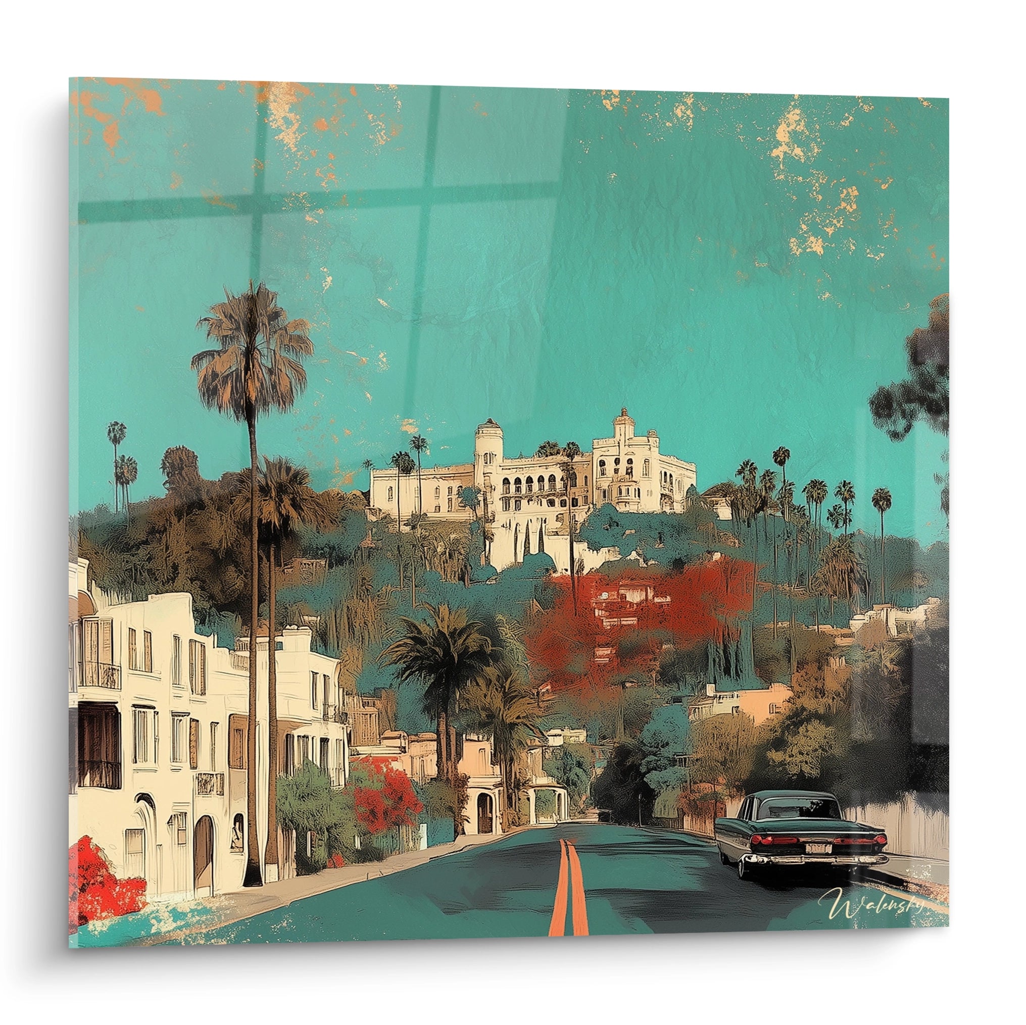 Un tableau paysage californien représentant une rue de Los Angeles bordée de palmiers, avec une imposante structure blanche sur les collines, dans des tons turquoise, blanc et or, avec des textures pictoriales et des accents dorés dans le ciel.
