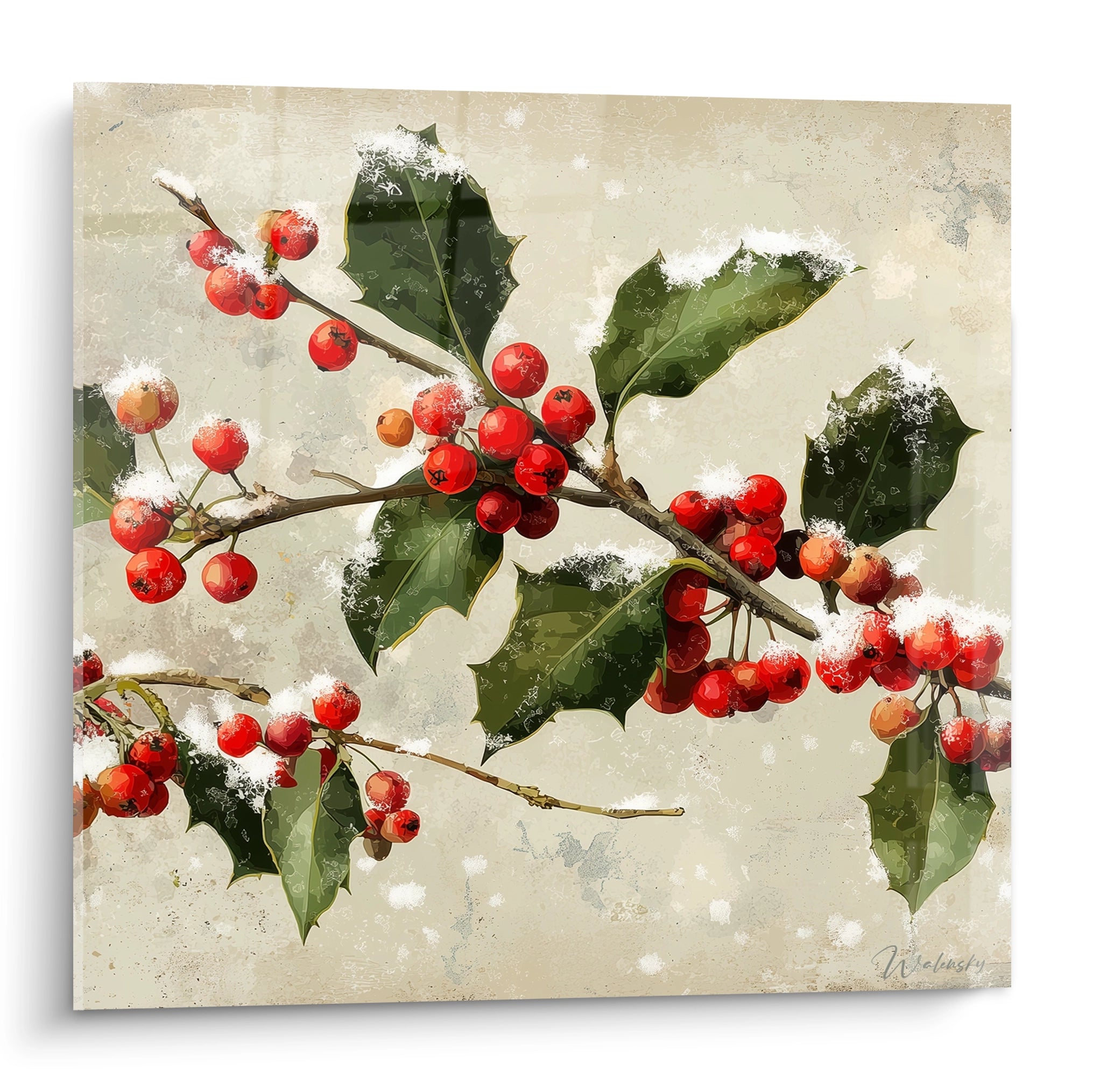 Tableau mural houx édition Noël avec des baies rouges et des feuilles vertes, idéal pour la décoration festive