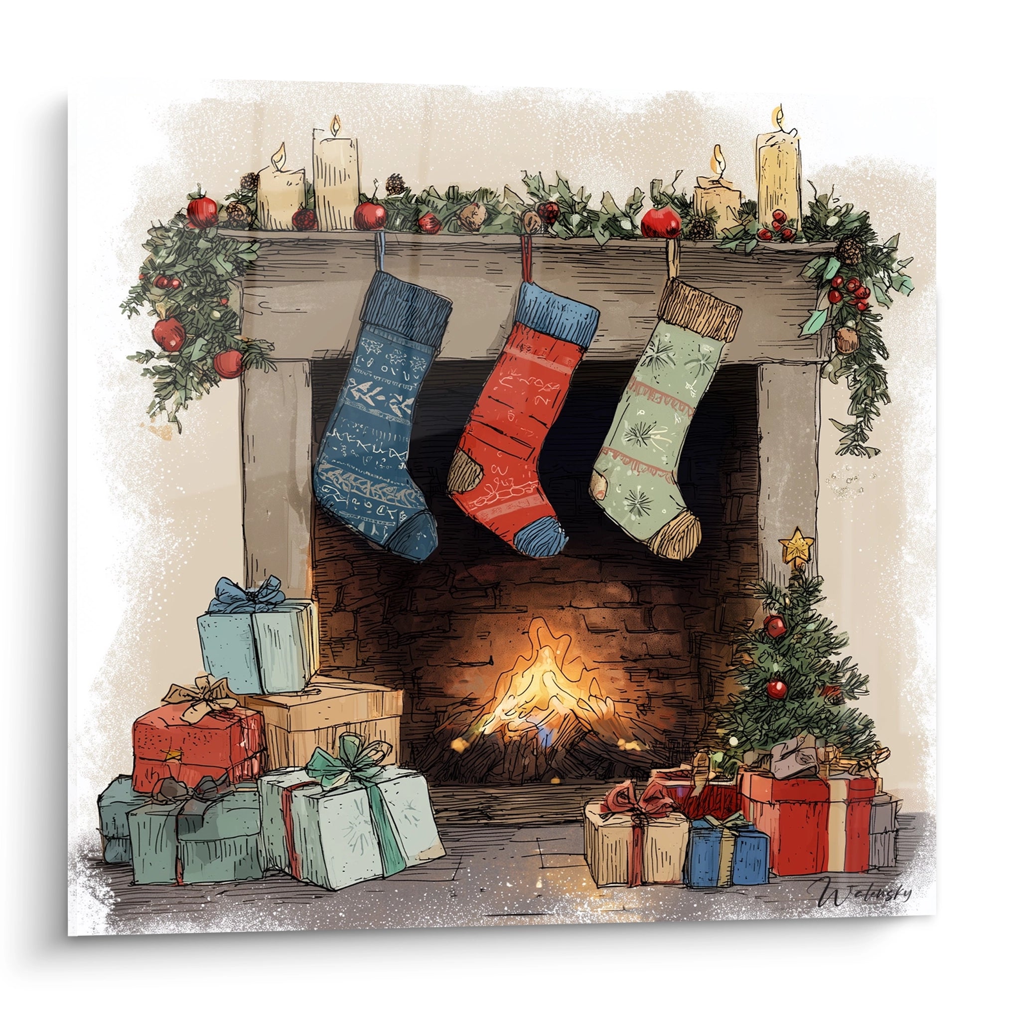 Tableau cheminée Noël avec des chaussettes suspendues et des cadeaux colorés au pied du sapin