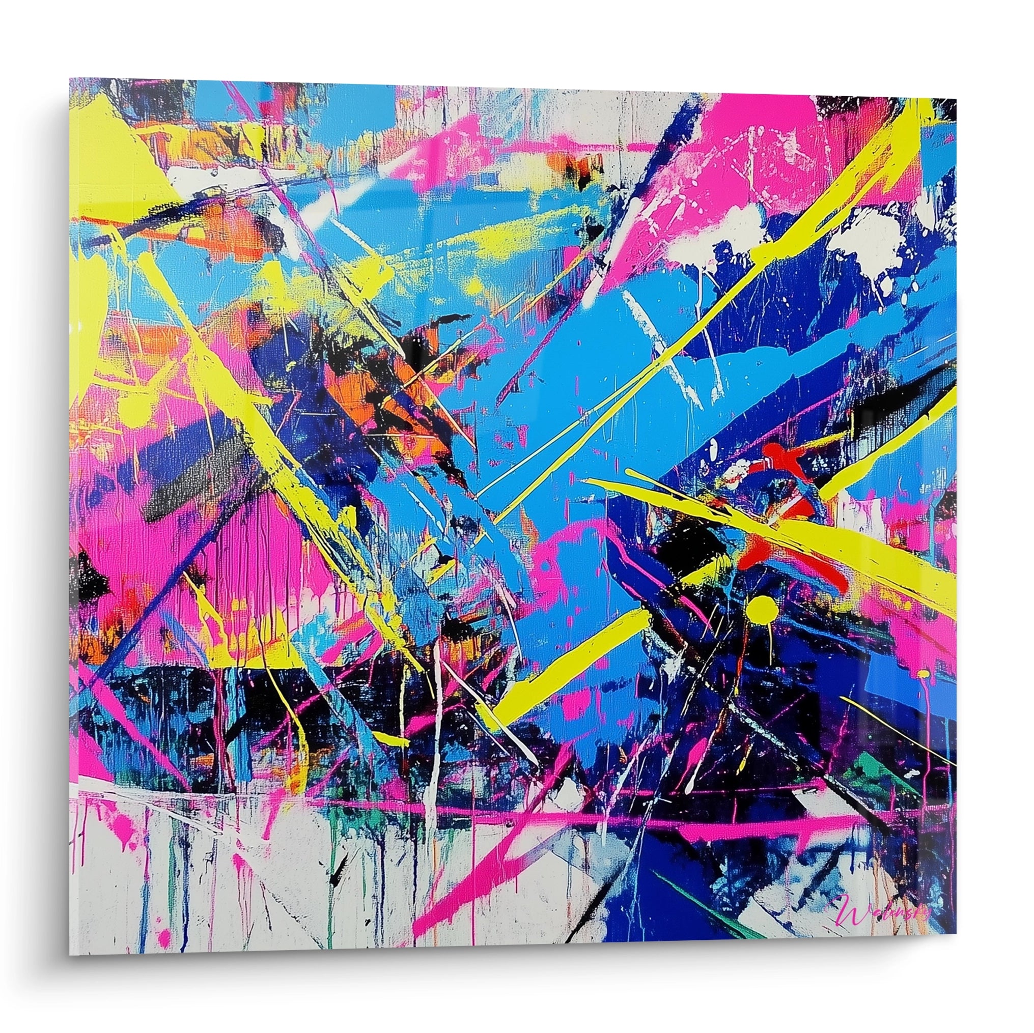 Un tableau abstrait explosif où des traits jaunes et roses éclatants s'entrecroisent sur un fond bleu électrique, avec des projections dynamiques et des coulures créant un effet de mouvement perpétuel et d'énergie urbaine.
