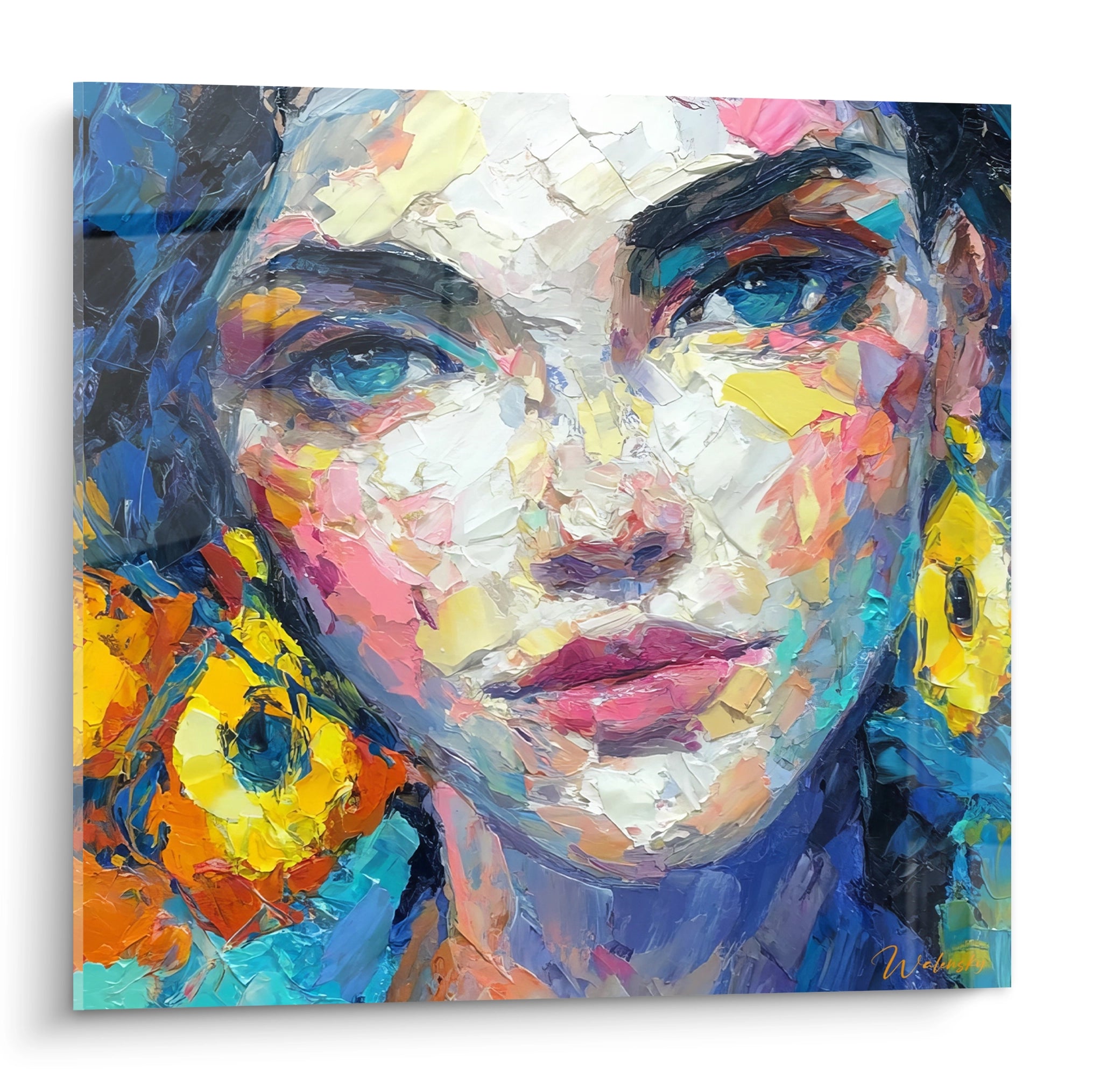 Tableau portrait moderne de femme avec des couleurs vives et des détails en relief, signé Walensky
