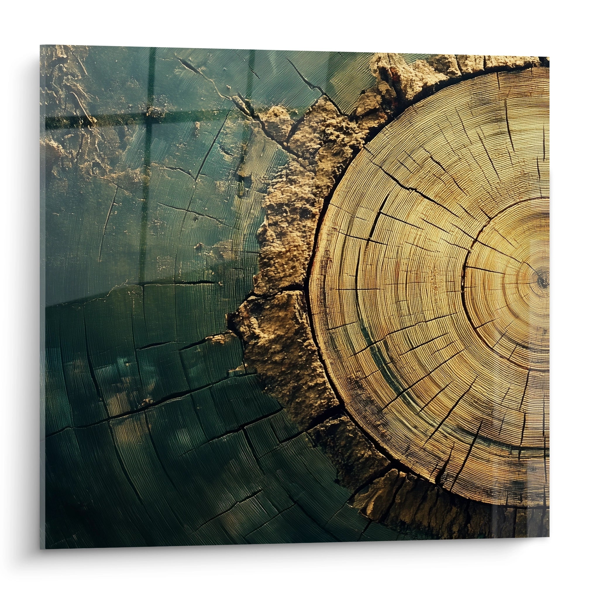 Un tableau artistique mêlant bois naturel et résine verte émeraude, montrant des cercles concentriques dorés d'une coupe de tronc d'arbre contrastant avec une surface lisse et brillante de résine, séparés par une bordure d'écorce rugueuse.
