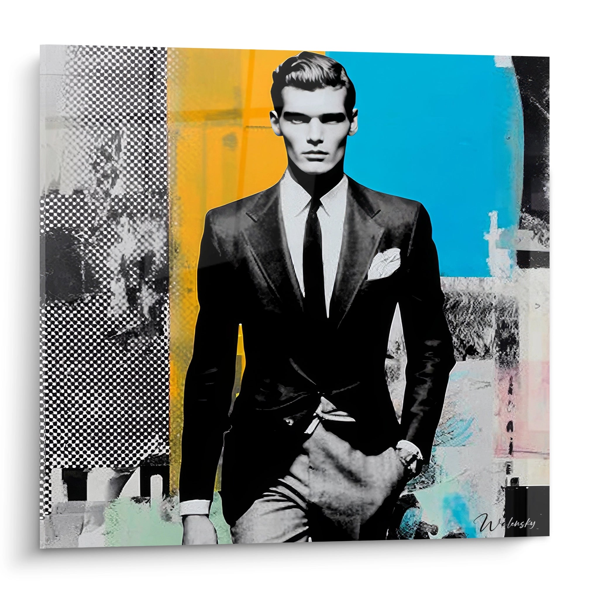 Tableau homme costume street art de Walensky avec des couleurs vives et un design moderne