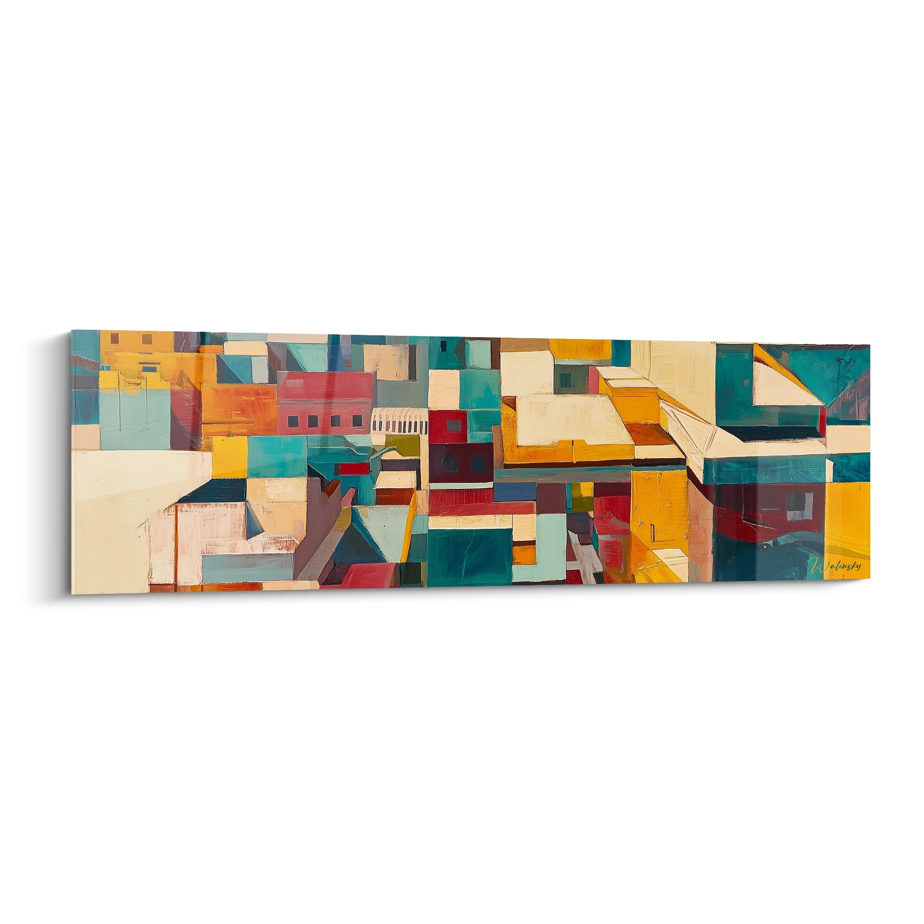 Un tableau artistique représentant une vue aérienne de quartiers urbains colorés, avec des formes géométriques rectangulaires en turquoise, rouge, jaune et blanc cassé, créant une mosaïque architecturale aux textures peintes visibles.
