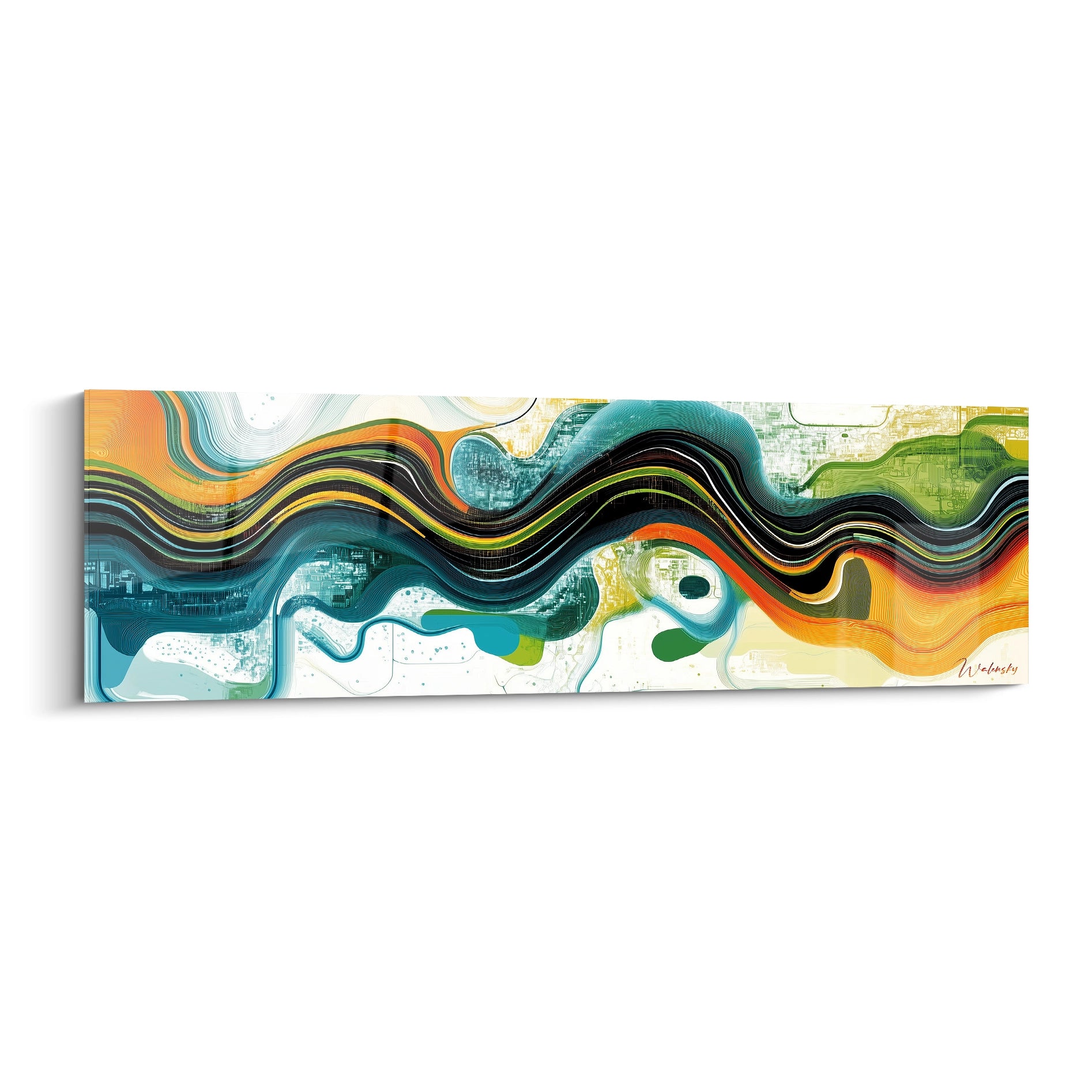 Tableau abstrait représentant des ondulations fluides en bleu turquoise, orange vif et vert émeraude, avec des lignes courbes superposées créant un effet de mouvement perpétuel sur fond blanc, texture stratifiée et effets de transparence.
