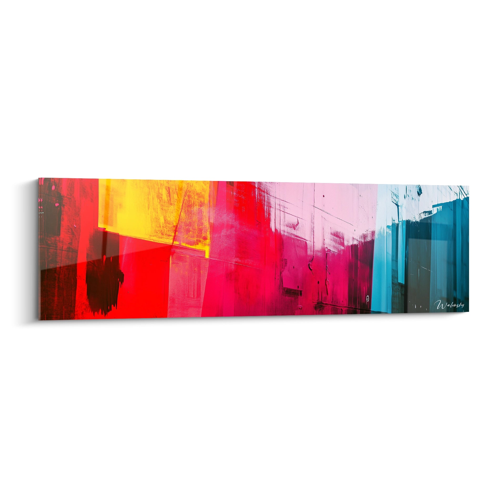 Tableau abstrait contemporain aux bandes horizontales présentant un dégradé de rouge vif, rose fuchsia, jaune doré et bleu turquoise, avec des effets de superposition et de transparence créant une composition dynamique au format panoramique.
