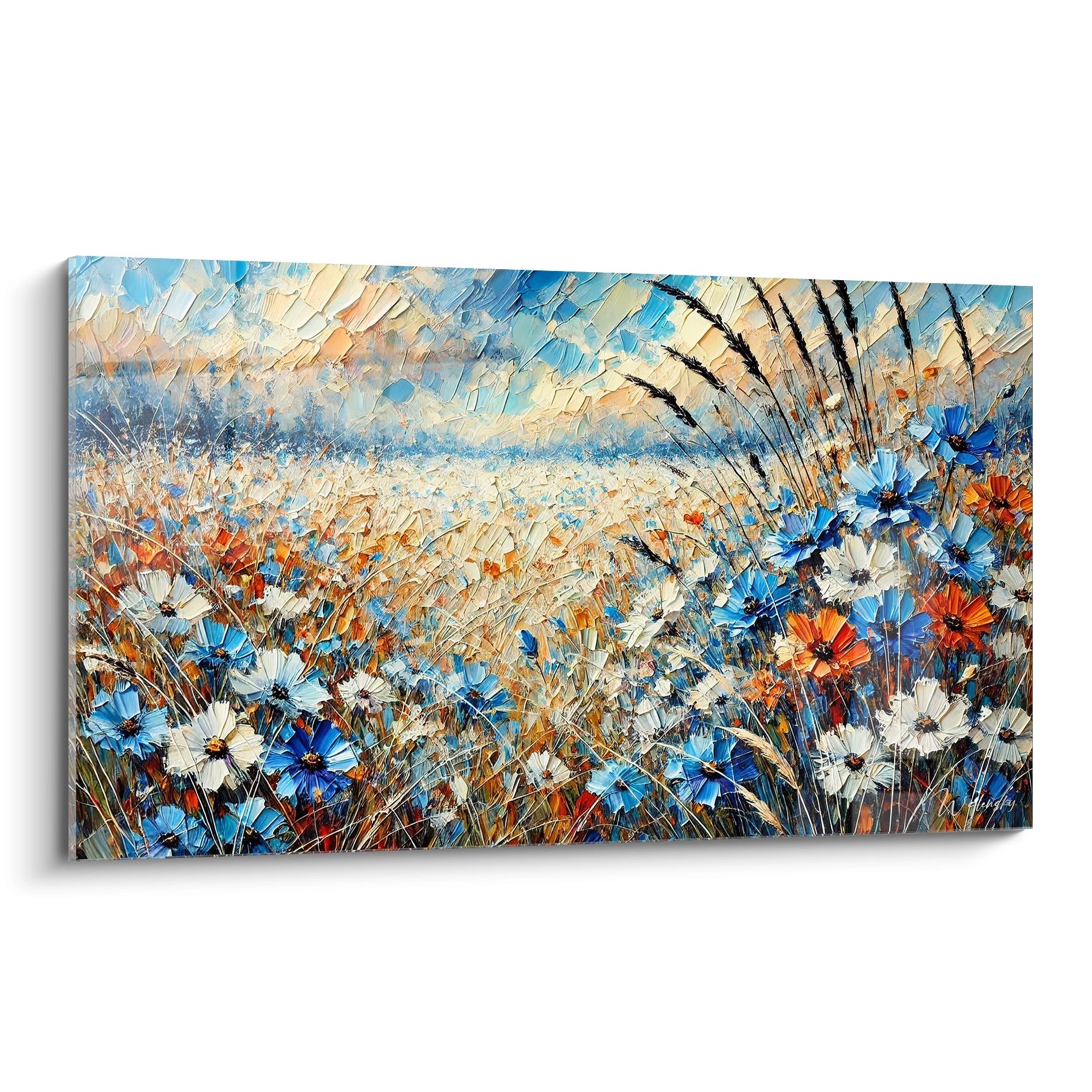 Tableau "Chant des Prairies" vu de biais, scène de fleurs des champs aux nuances de bleu et d'orange, offrant une explosion de couleurs. Idéal pour une touche champêtre vibrante.