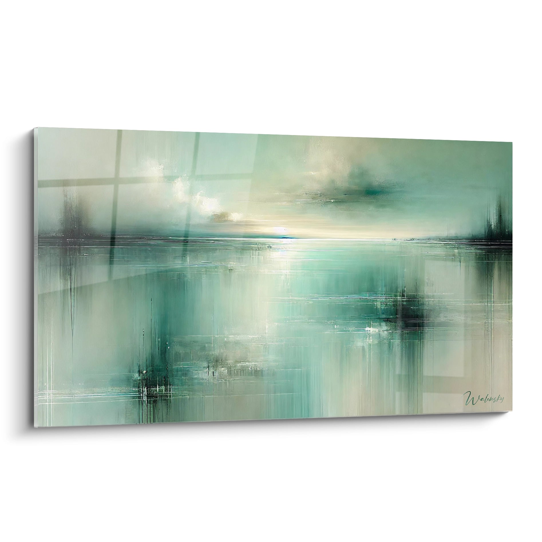 Vue de biais du tableau "Reflets de Jade" avec ses tons verts jade et turquoise. Un paysage abstrait capturant un plan d'eau serein et des nuances subtiles de ciel.