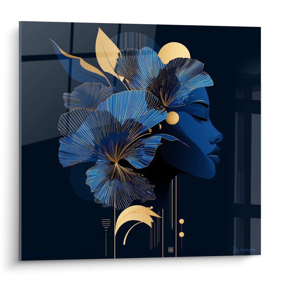 Tableau Femme Art Déco - Élégance Florale Bleue et Dorée - Edition Art déco