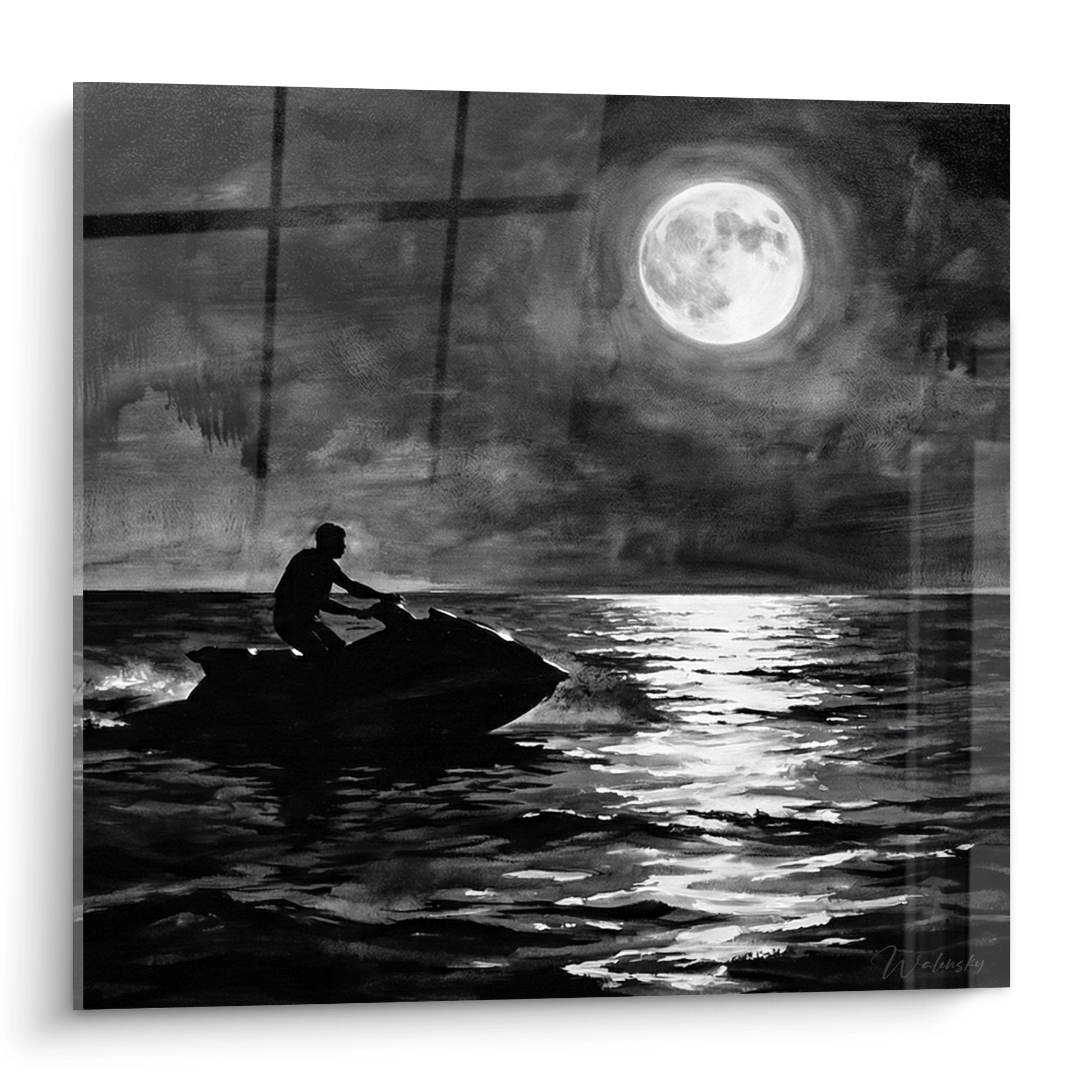 Tableau noir et blanc jetski nocturne avec pilote solitaire naviguant sous pleine lune sur eaux calmes