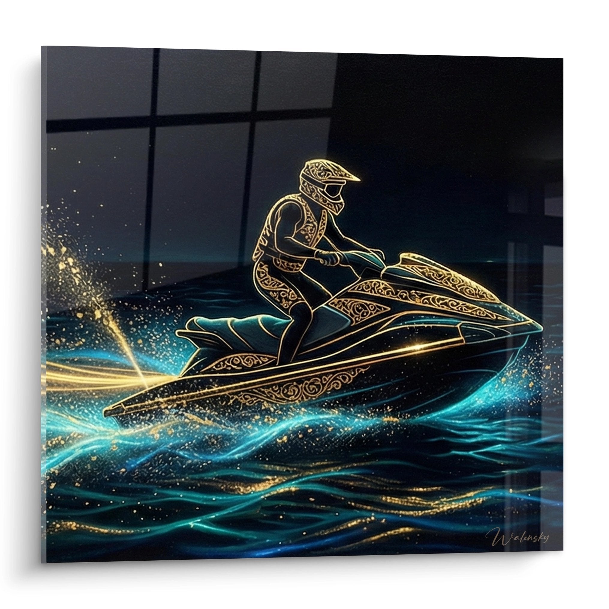 Tableau jetski doré lumineux sur eaux turquoise avec effets de lumière et ornements dorés style futuriste