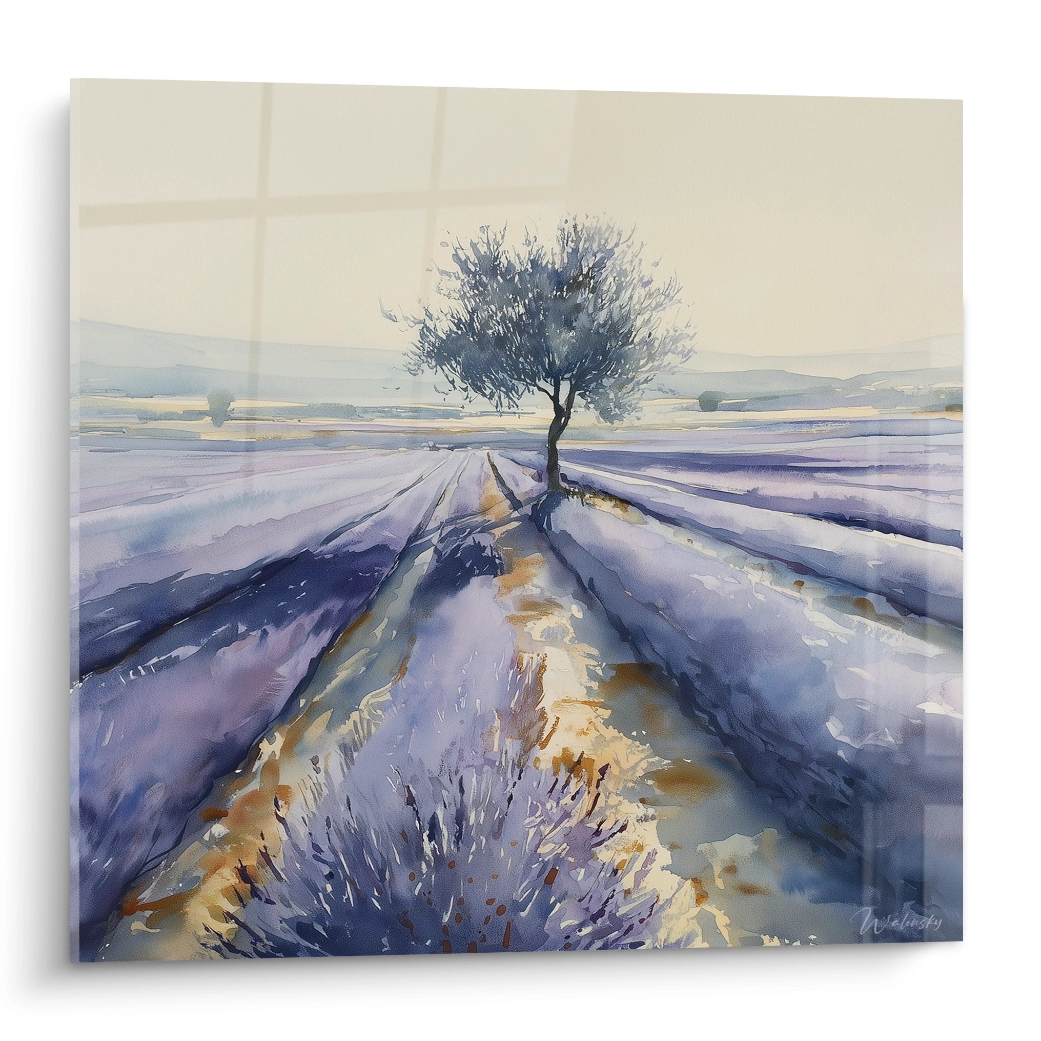 Tableau aquarelle paysage hivernal provençal avec arbre solitaire et champ labouré aux tons bleus violets