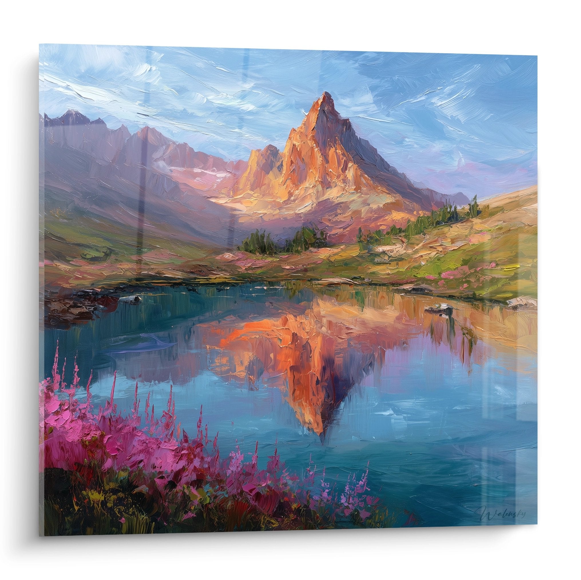Tableau peinture montagne pyreneenne avec lac reflets coucher soleil fleurs roses premier plan