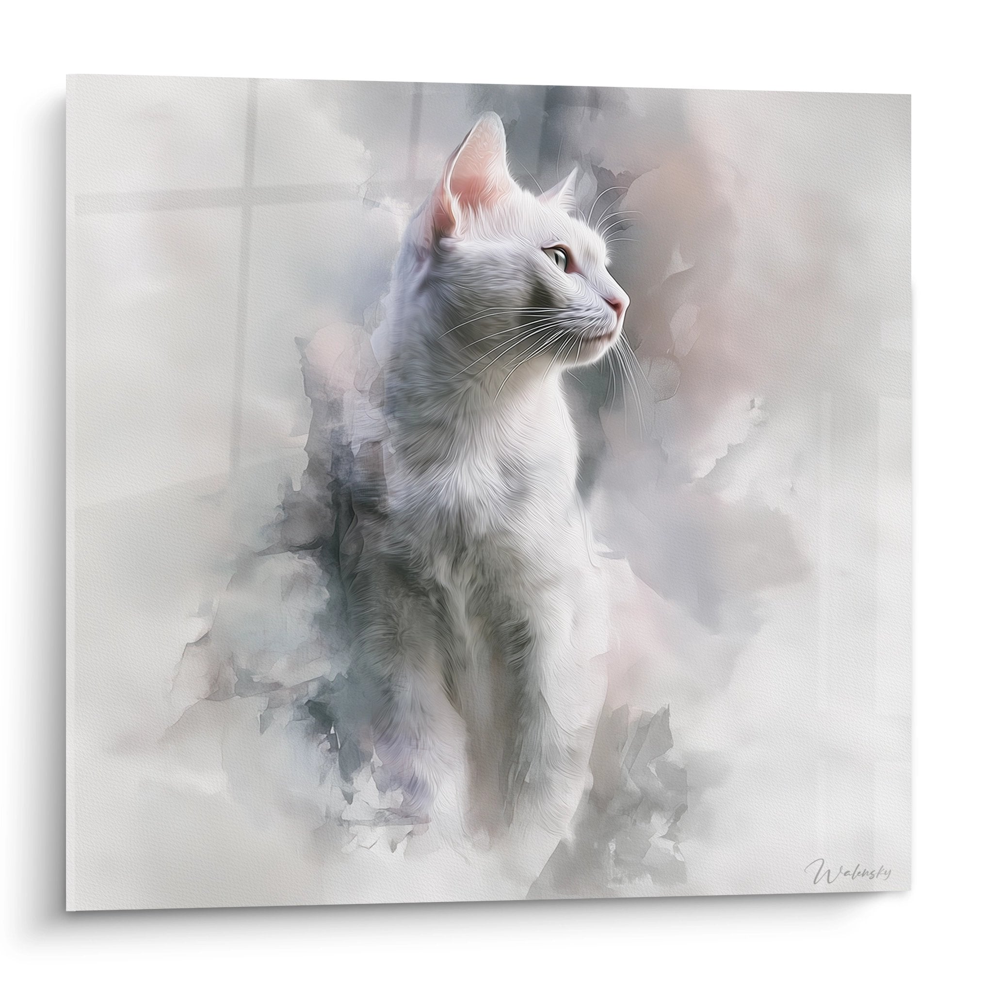 Tableau aquarelle d'un chat Burmilla gris et blanc au regard contemplatif tourné vers la droite