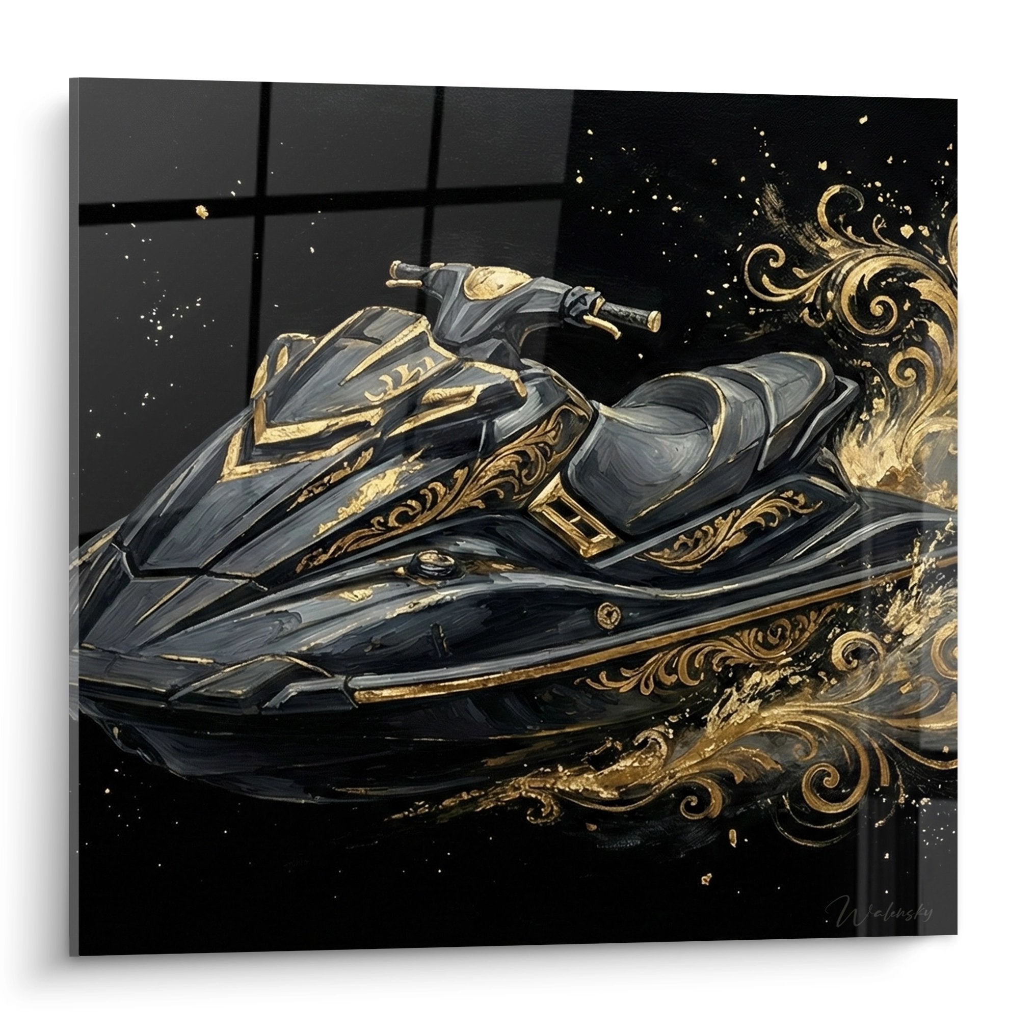 Tableau jetski noir et or avec ornements baroques dorés sur fond étoilé, art mural nautique luxe