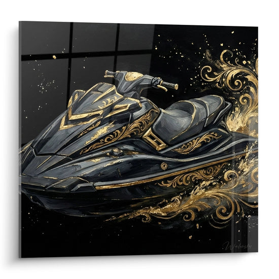 Quadro jet ski nero e oro con ornamenti barocchi dorati su sfondo stellato, arte murale nautica lusso